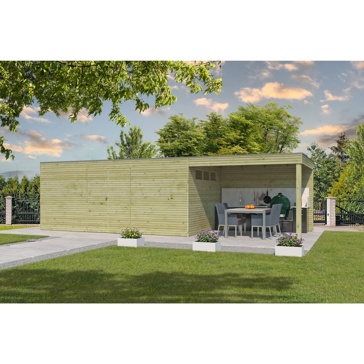 WOODLANDS Abri de jardin en bois QBH2 510X300 + extension 300 - traité autoclave en autoclave- 15m2