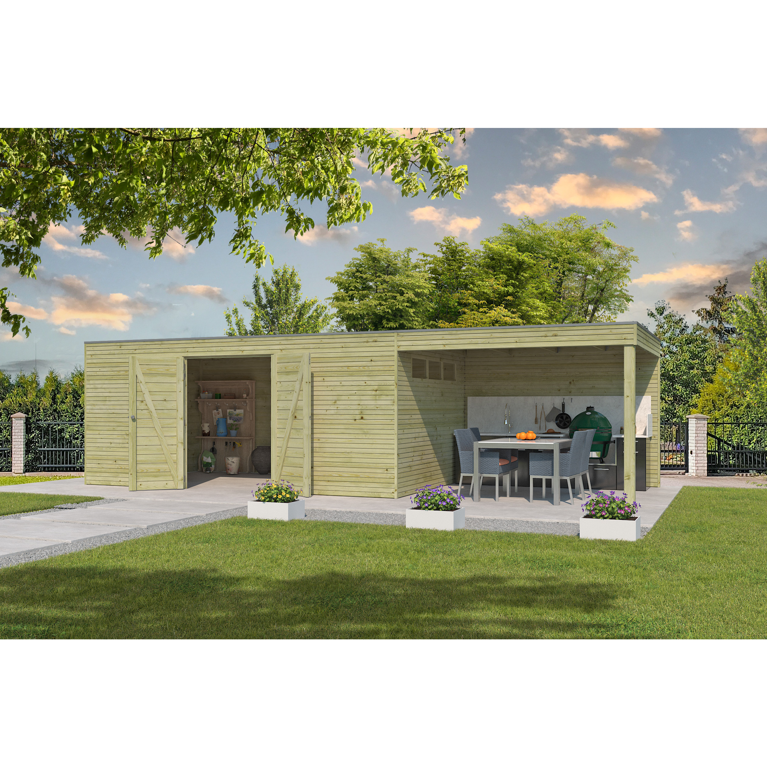 Voir la diapositive 4 : WOODLANDS Abri de jardin en bois QBH2 510X300 + extension 300 - traité autoclave en autoclave- 15m2