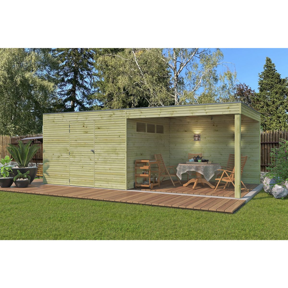 WOODLANDS Abri de jardin en bois QBH2 300X300 + extension 300 - traité autoclave en autoclave - 9m²