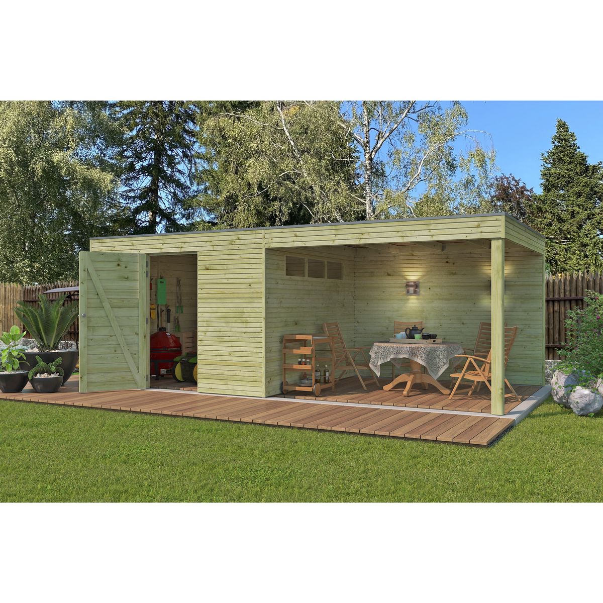 WOODLANDS Abri de jardin en bois QBH2 300X300 + extension 300 - traité autoclave en autoclave - 9m²