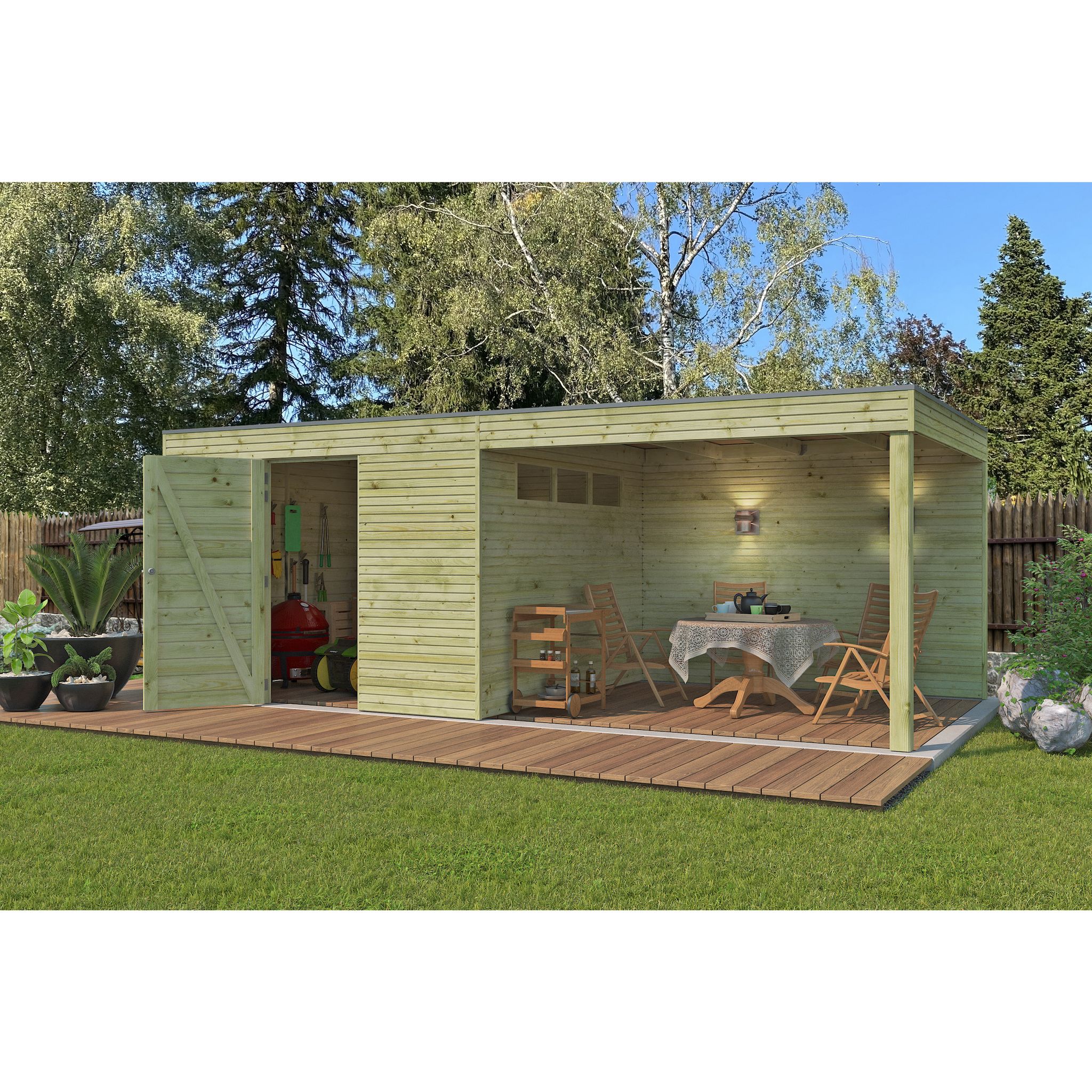 Voir la diapositive 4 : WOODLANDS Abri de jardin en bois QBH2 300X300 + extension 300 - traité autoclave en autoclave - 9m²