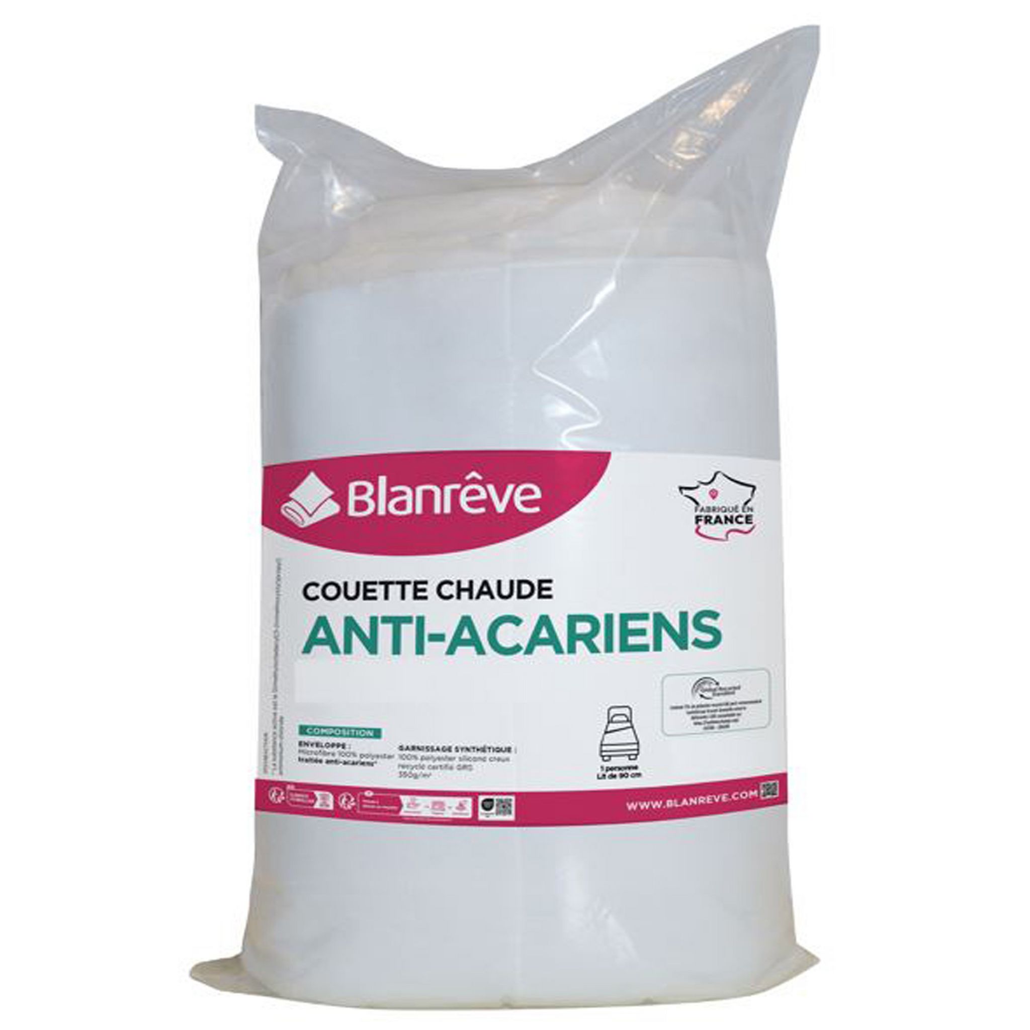Couette chaude Anti Acariens 350 g/m². Coloris disponibles : Blanc