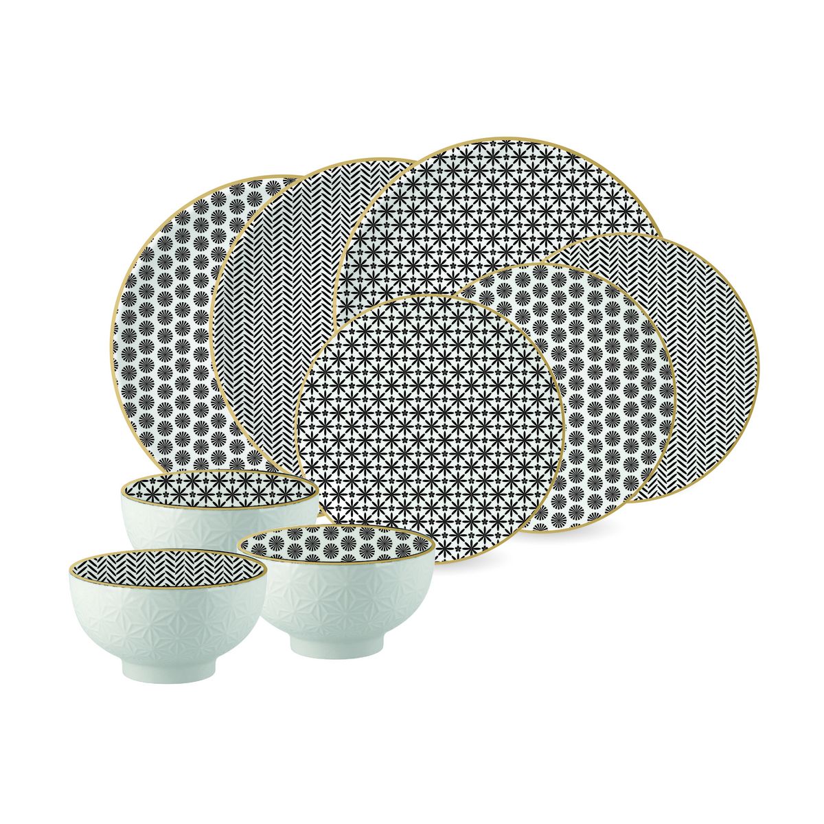 Service d'assiettes 18 pièces en porcelaine filet or et motifs KYOTO