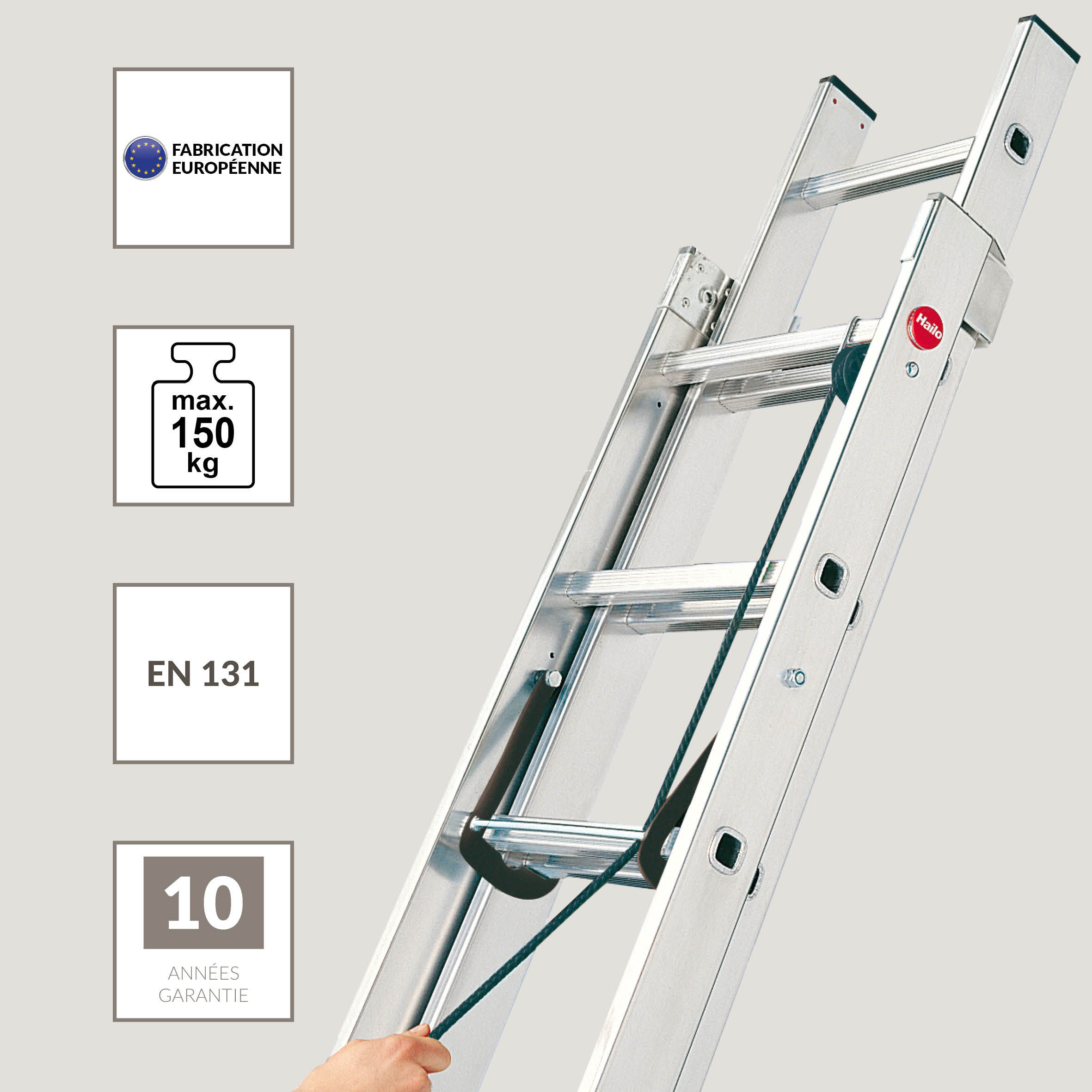 Voir la diapositive 4 : HAILO Echelle coulissante à corde 2x18 échelons