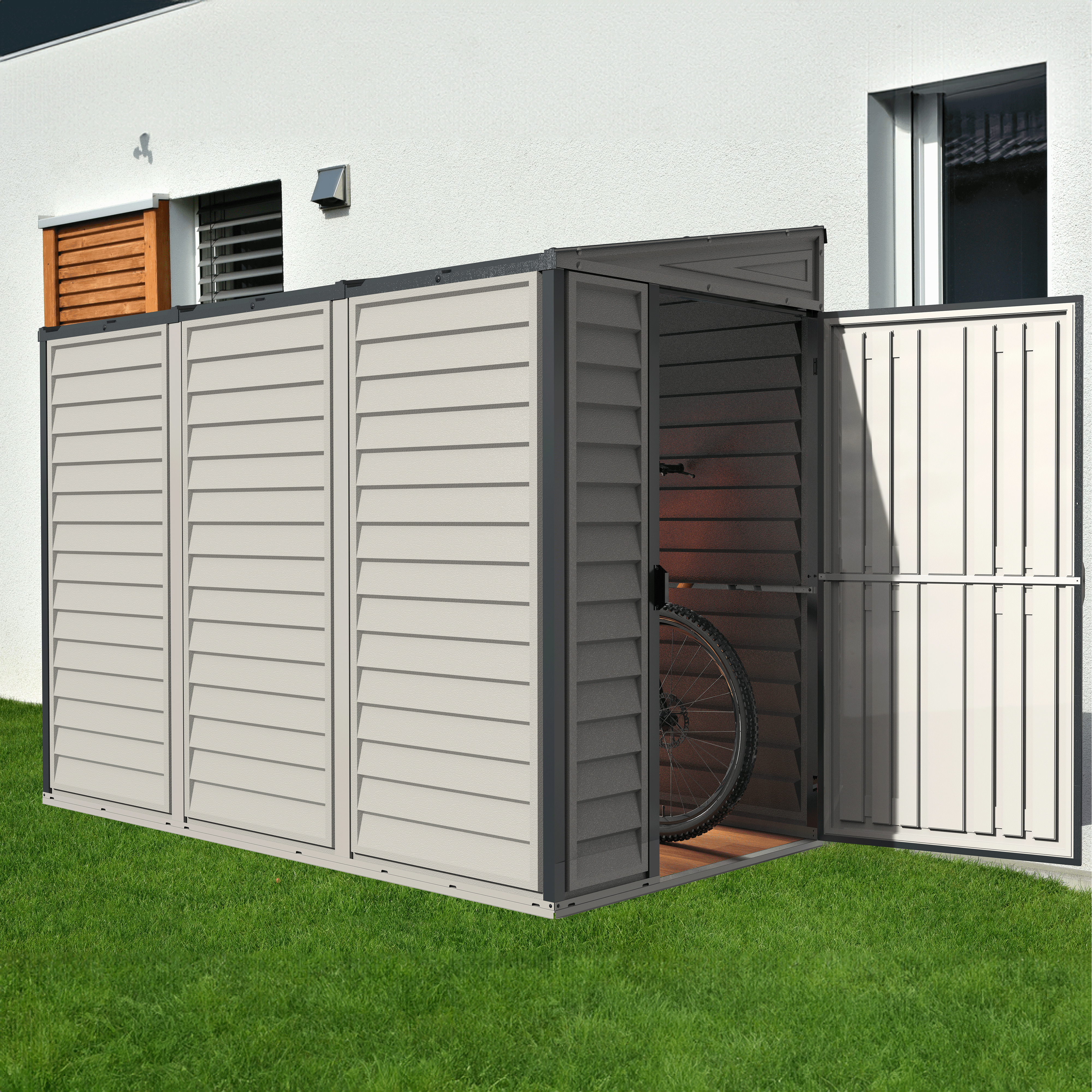 Voir la diapositive 2 : DURAMAX Abri de jardin adossable PVC Gris - 2,94m² - SIDEMATE
