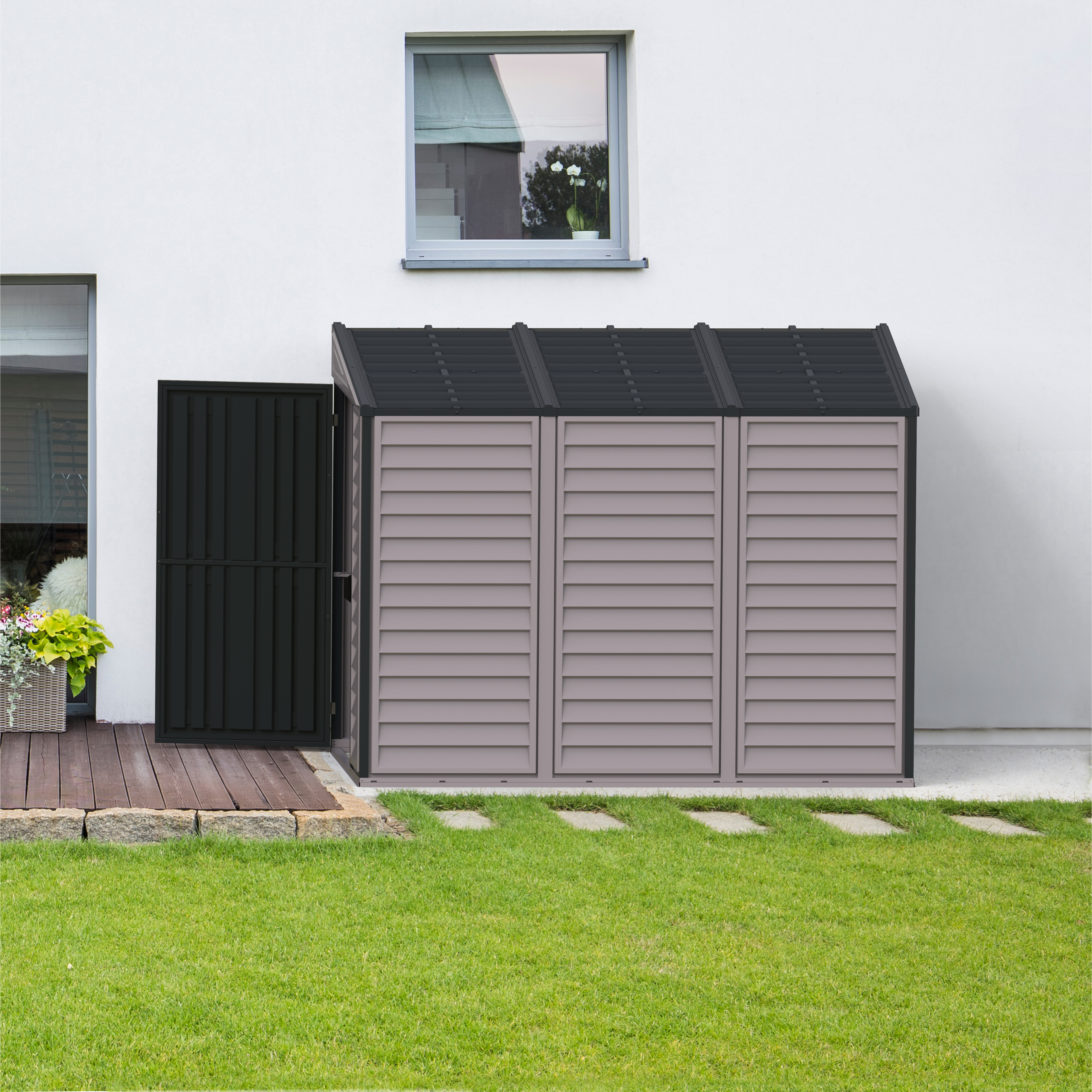 Voir la diapositive 6 : DURAMAX Abri de jardin adossable PVC Gris - 2,94m² - SIDEMATE