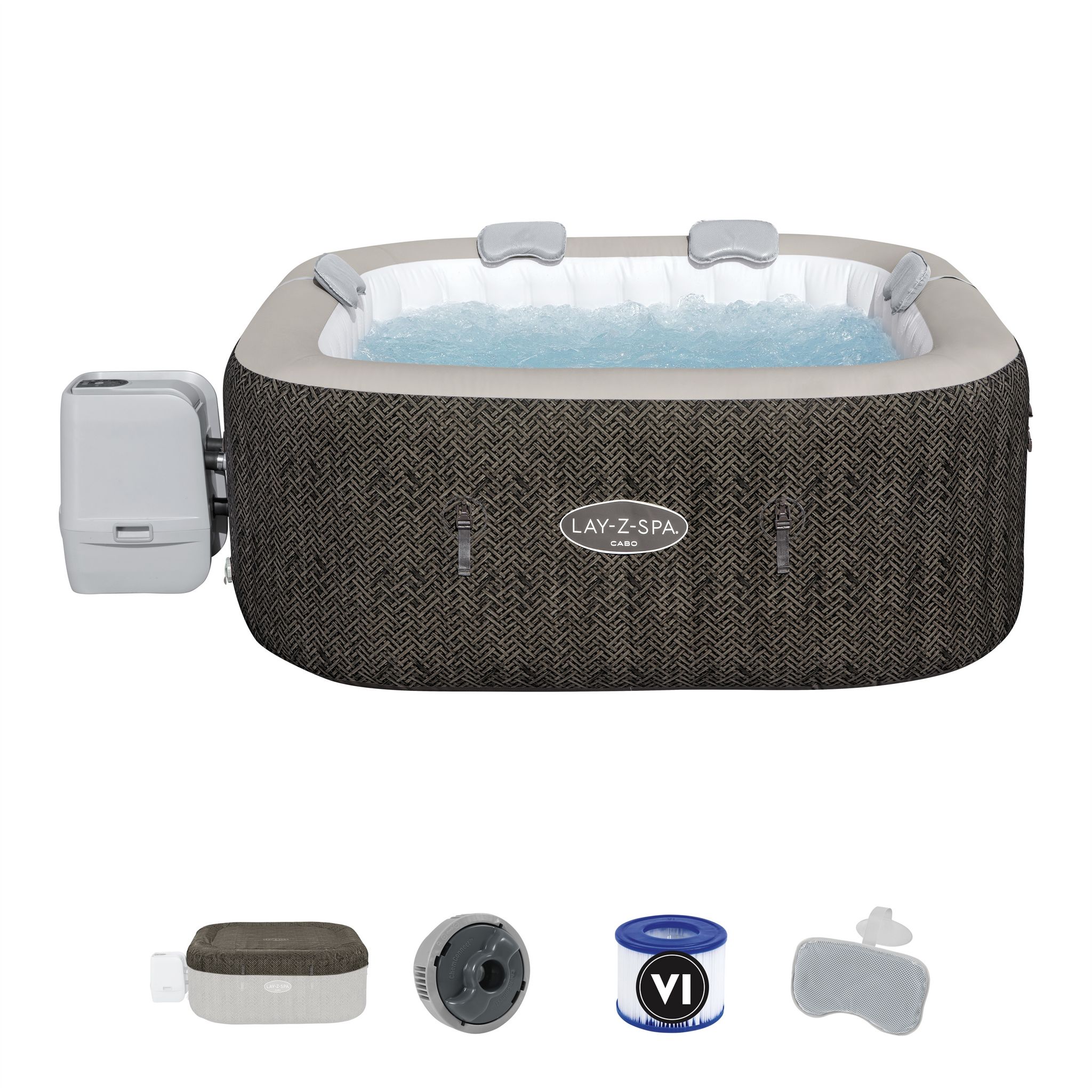 Voir la diapositive 2 : BESTWAY Spa gonflable carré Lay-Z-Spa Cabo Hydrojet™ 4-6 places Wifi - Imprimé osier