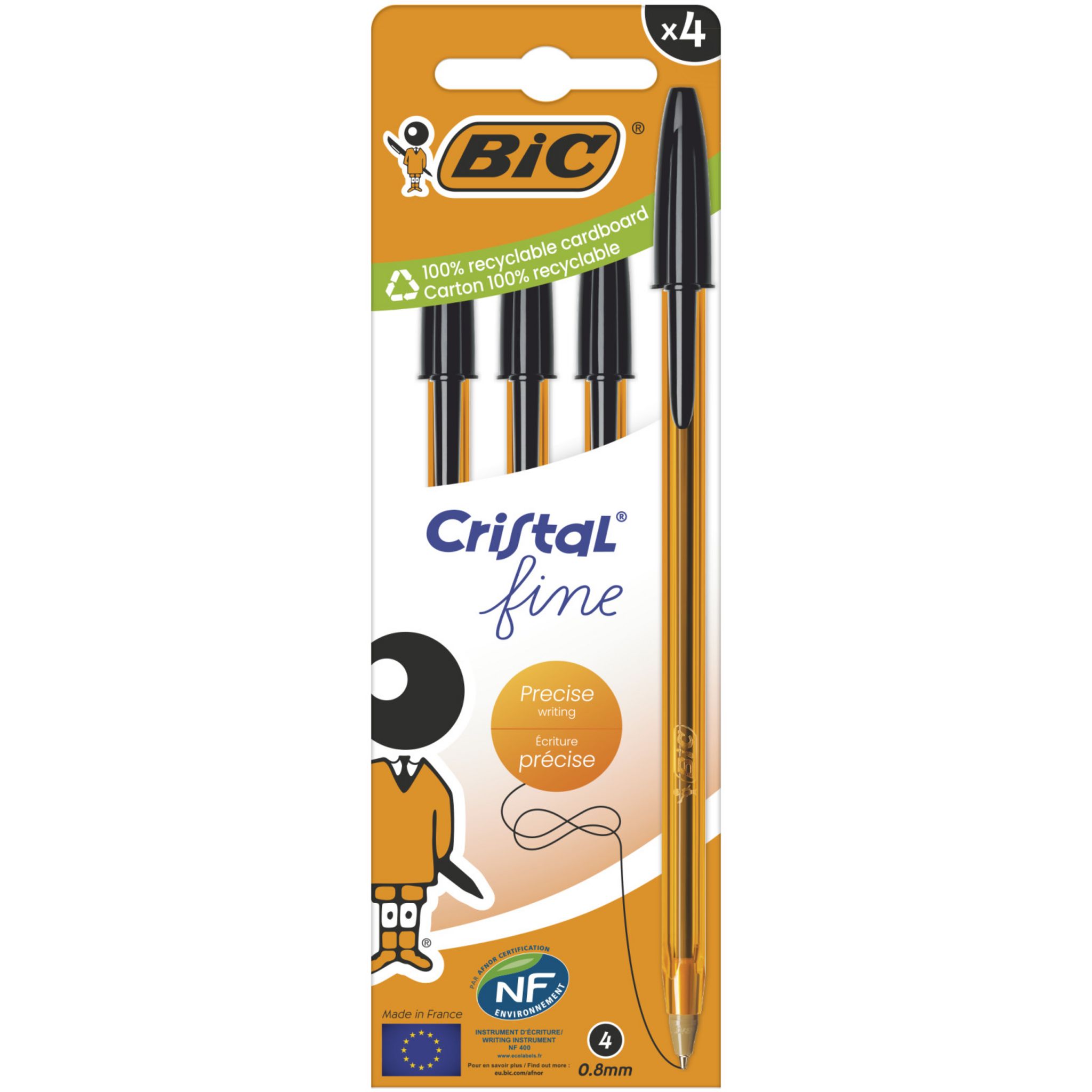 BIC Stylo bille cristal noir pointe fine x4