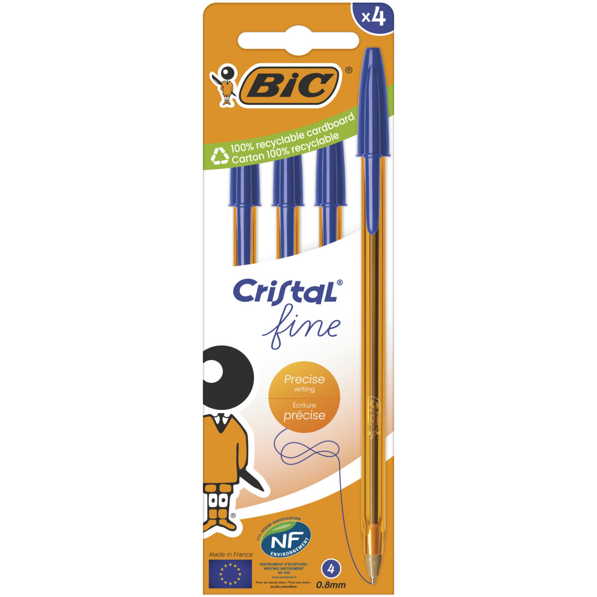 BIC Stylo bille cristal bleu pointe fine x4