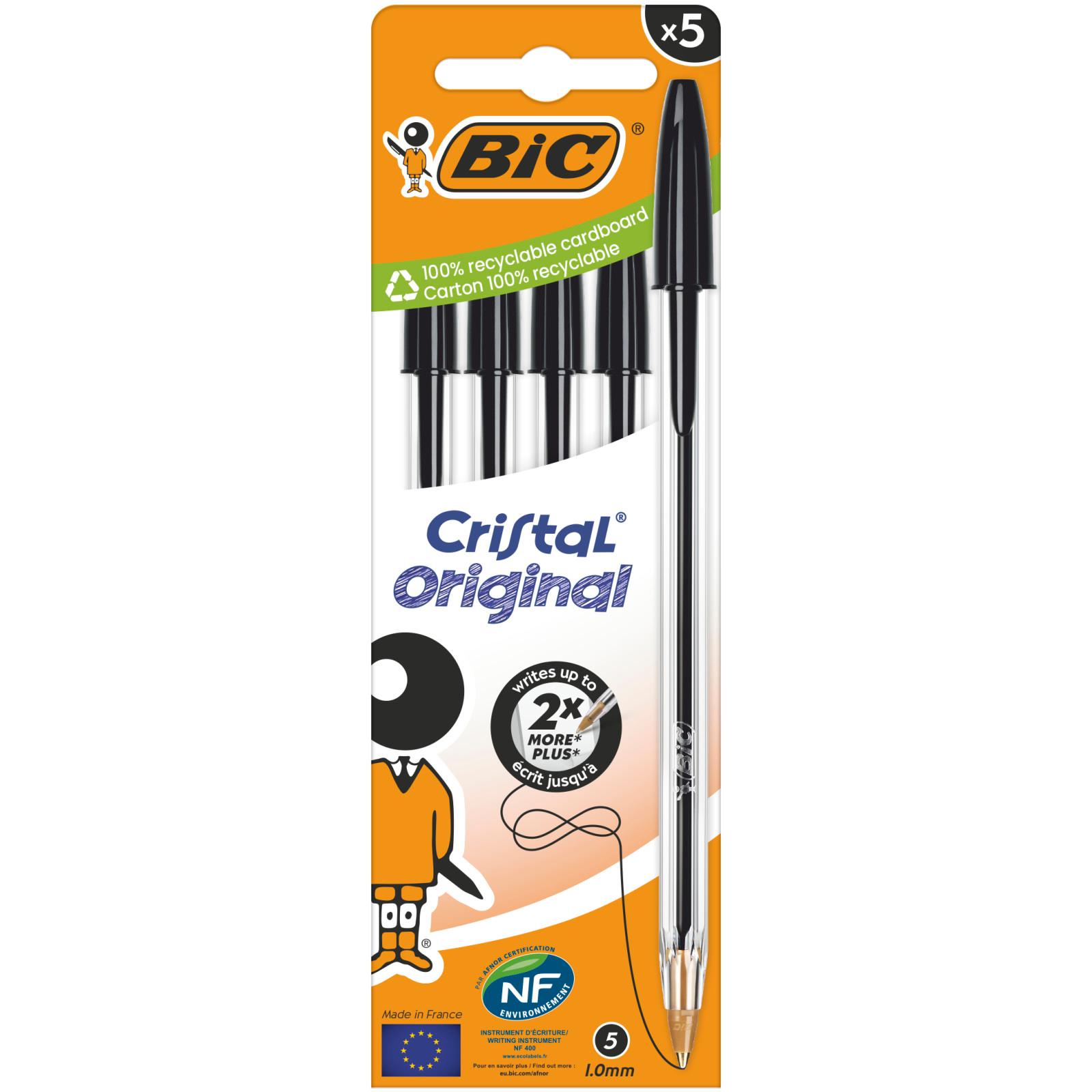 BIC 5 Stylos à Billes Cristal Pointe moyenne - Noir