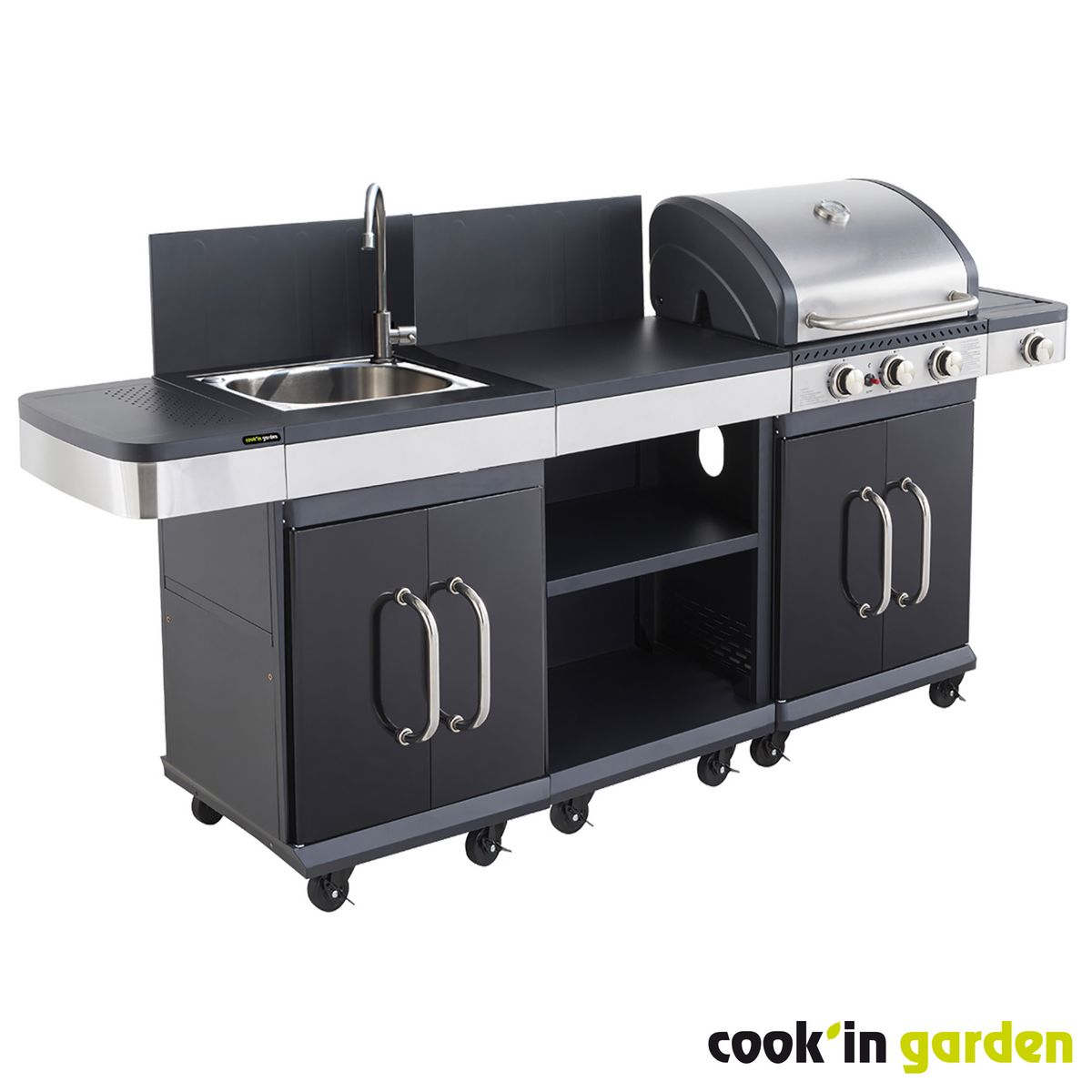 COOK IN GARDEN Barbecue gaz - 3 brûleurs - 11-5KW - Fonte - Avec desserte et évier - FIDGI