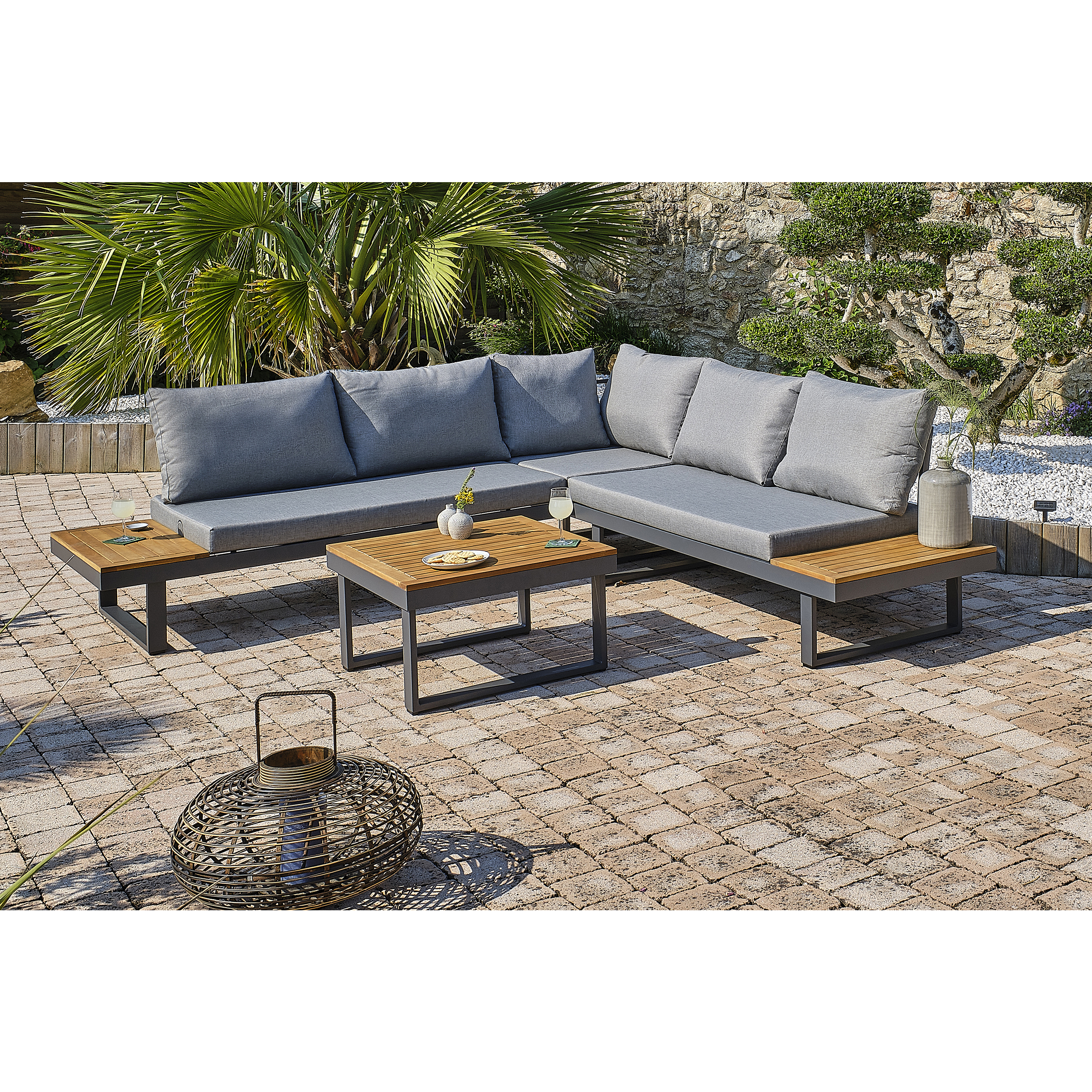 Voir la diapositive 2 : DCB GARDEN Salon de jardin 5 places bois d'acacia et aluminium gris anthracite  MIYAKO