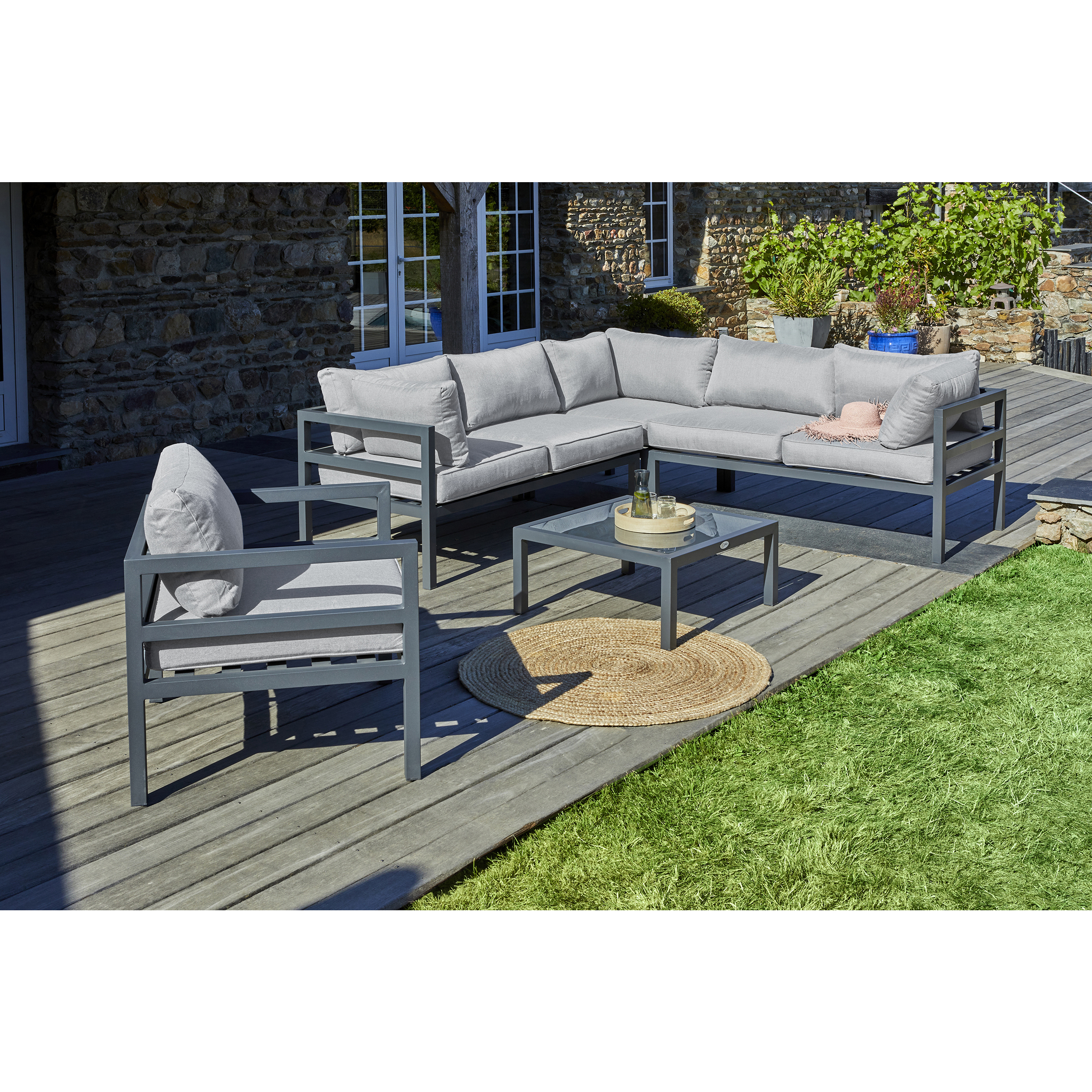 Voir la diapositive 2 : Salon de jardin d'angle - 4/6 places - Aluminium - Gris Anthracite - BEAUBOURG