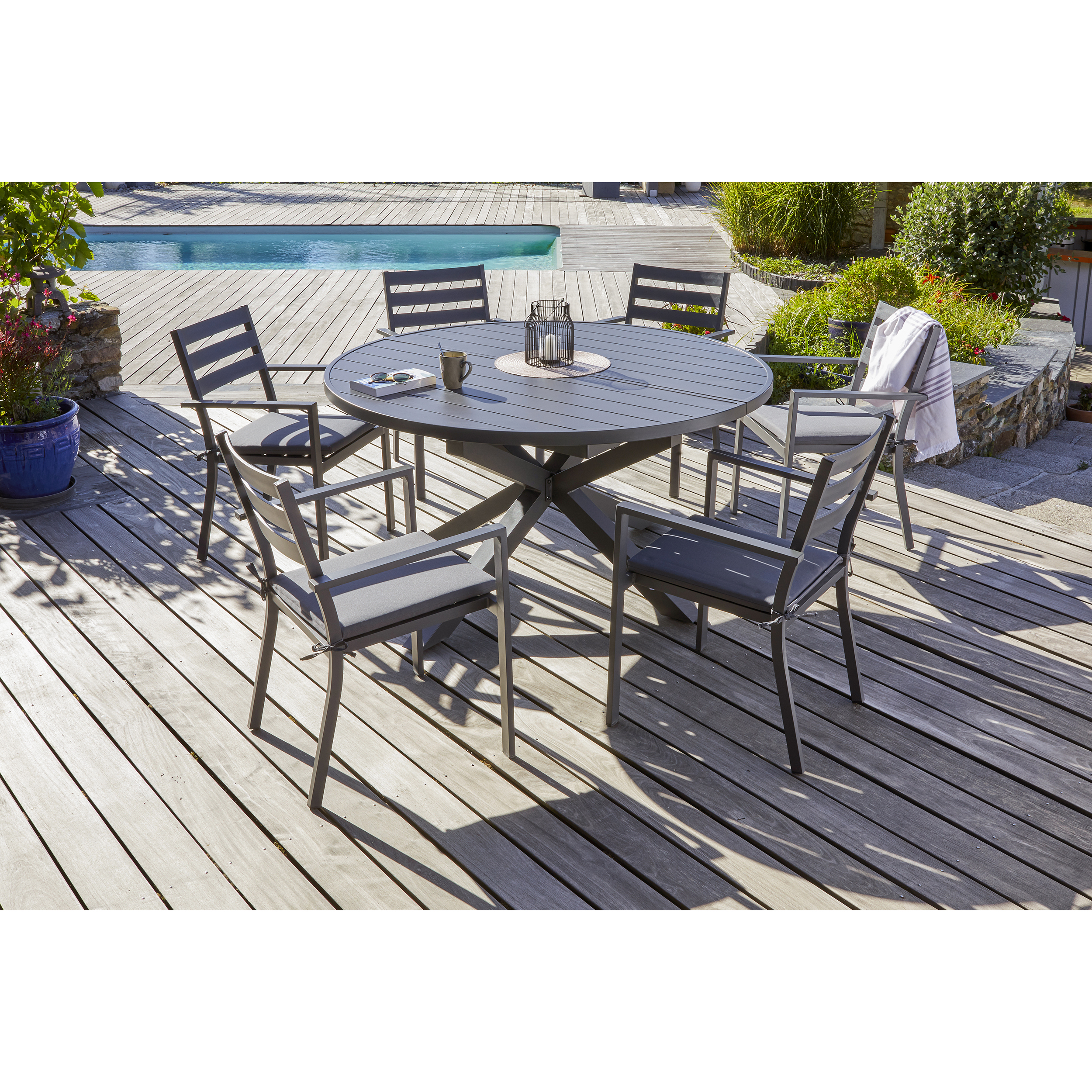 Voir la diapositive 2 : DCB GARDEN Salon de jardin avec rallonge papillon - 6 places - Aluminium - Anthracite - PELOSA