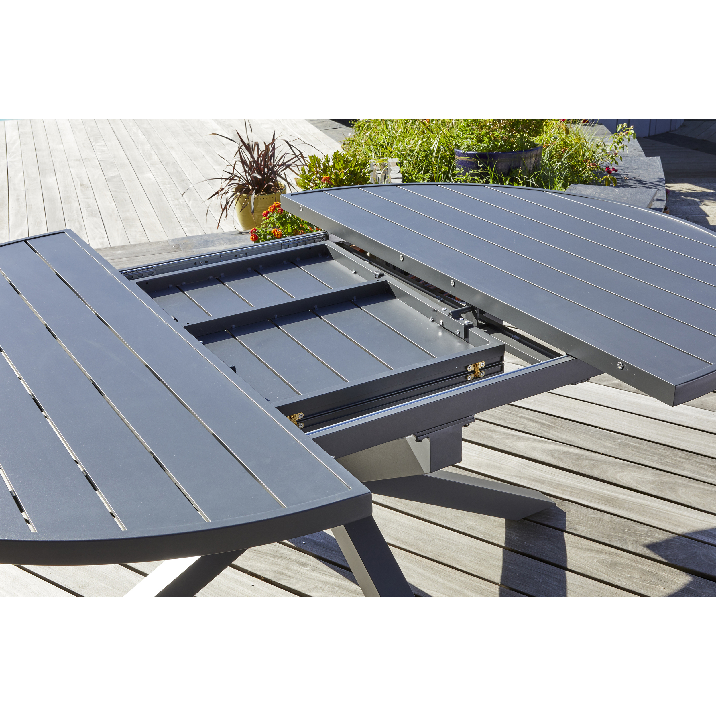 Voir la diapositive 4 : DCB GARDEN Salon de jardin avec rallonge papillon - 6 places - Aluminium - Anthracite - PELOSA