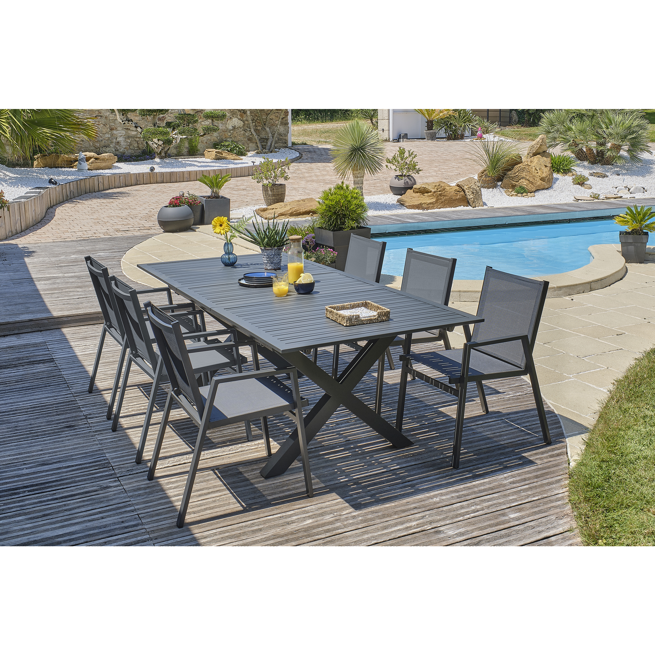 Voir la diapositive 2 : DCB GARDEN Salon de jardin - 6 places - Aluminium - Anthracite - FLORIDE