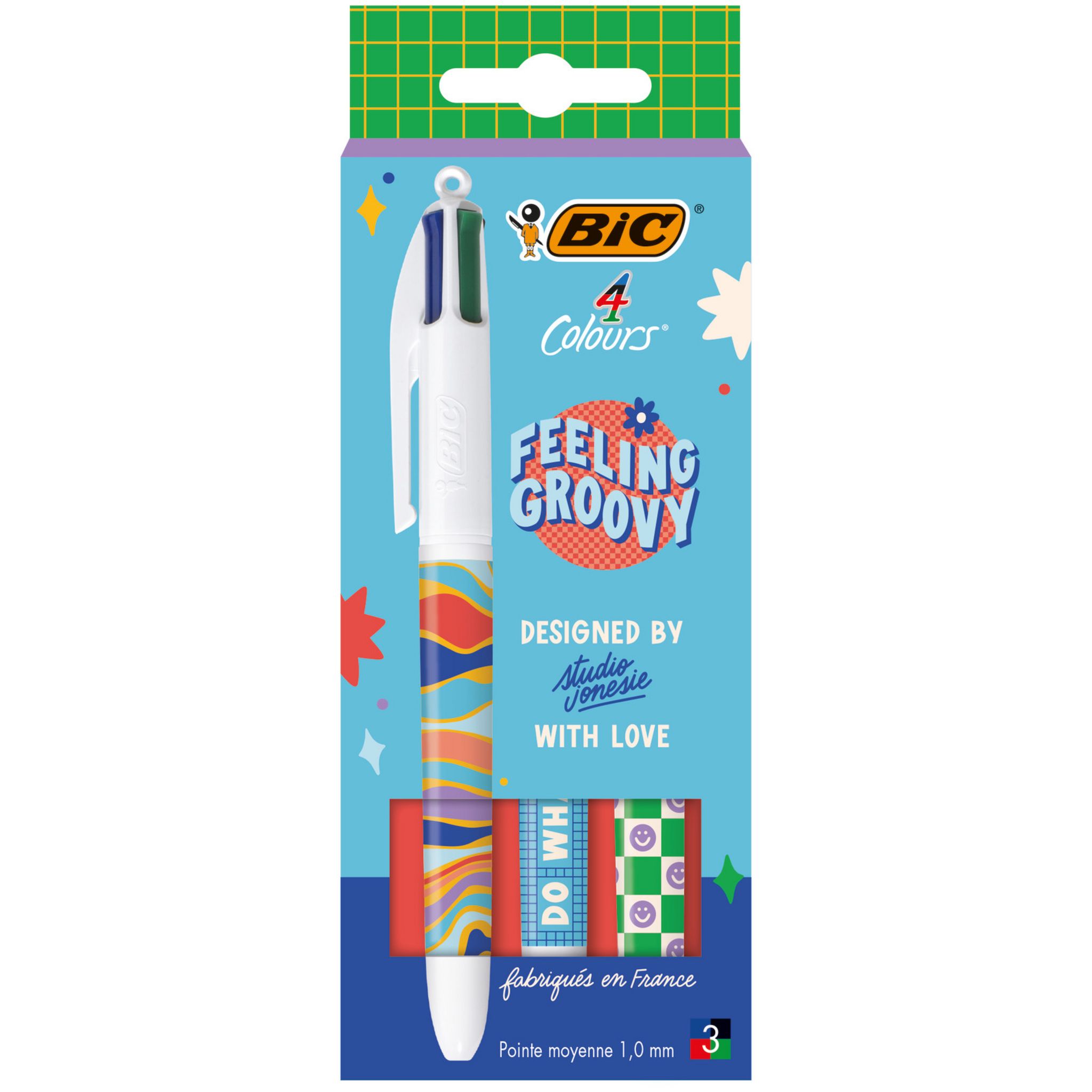 BIC Stylo à bille 4 couleurs Édition Limitée « Feeling Groovy » by Studio Jonesie - Couleurs Assorties - Étui de 3