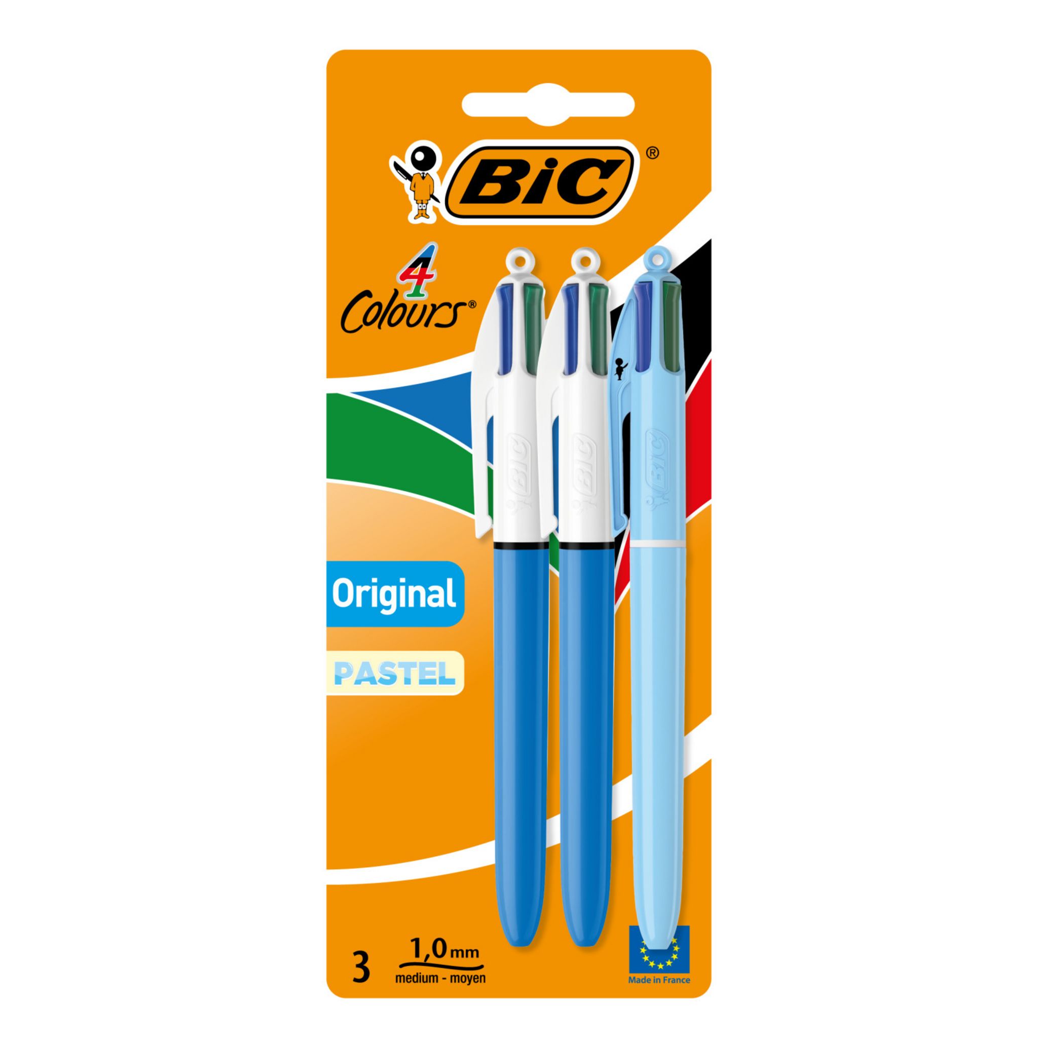 BIC Stylo bille 4 couleurs pointe moyenne 1 mm - Coloris assortis - Lot de 3