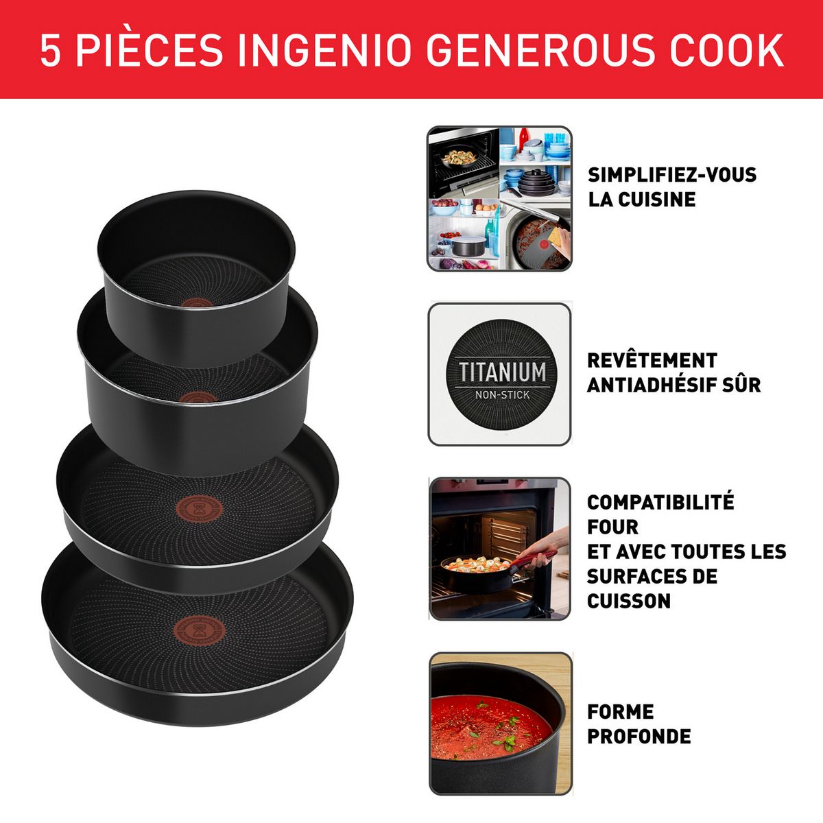 TEFAL Batterie de cuisine induction 5 pièces INGENIO GENEROUS - Noir