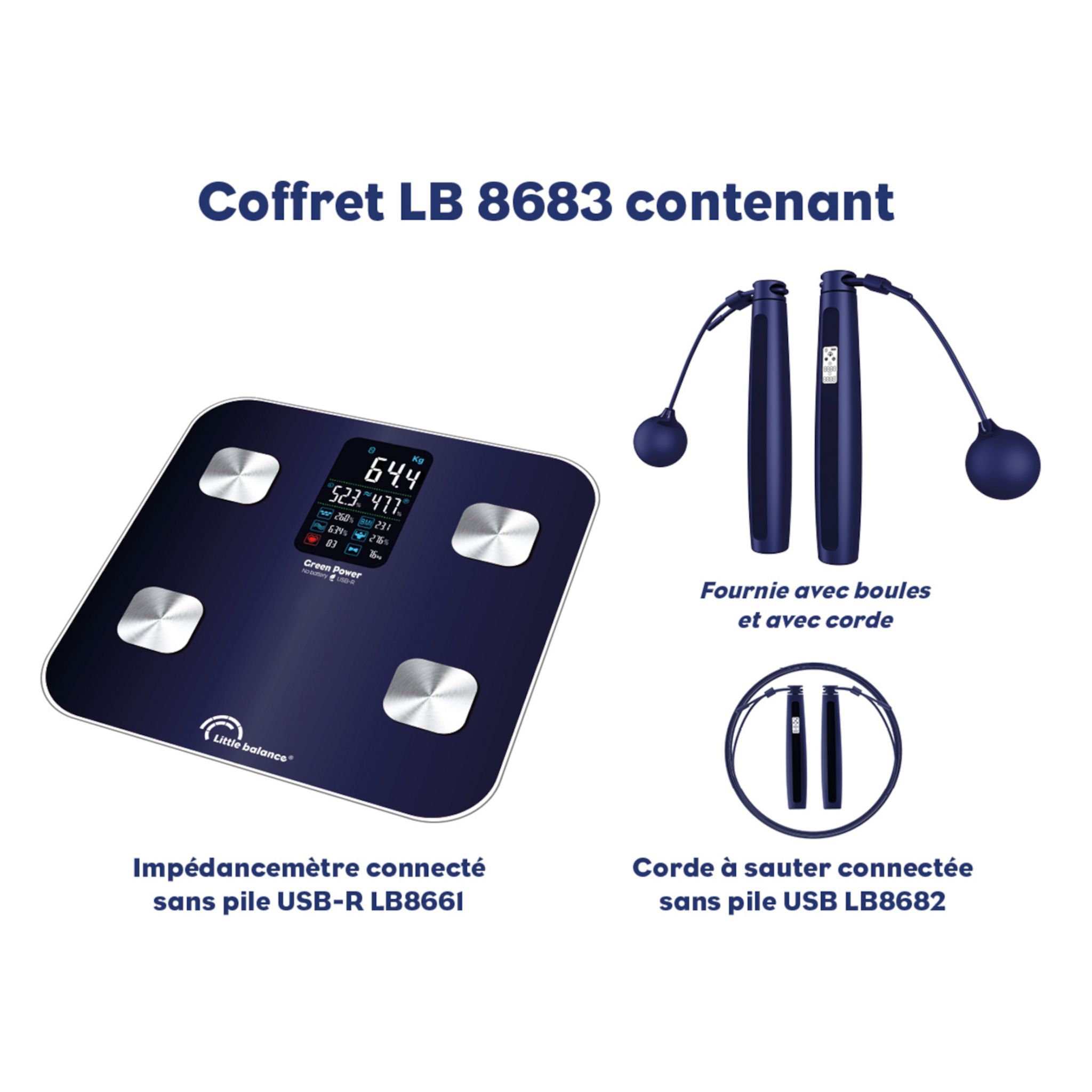 Voir la diapositive 3 : LITTLE BALANCE Balance impédancemètre  avec corde à sauter KIT DUO - Bleu