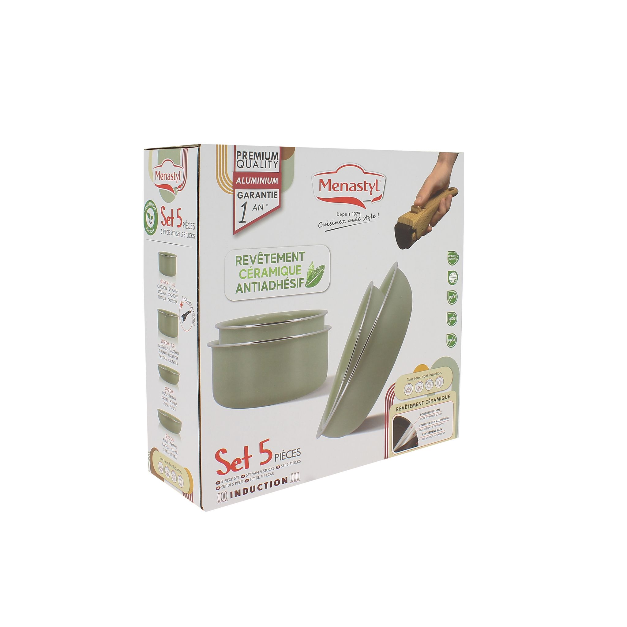 Voir la diapositive 2 : Batterie de cuisine 5 pièces aluminium recyclé  tous feux dont induction CELADON COLORAMA