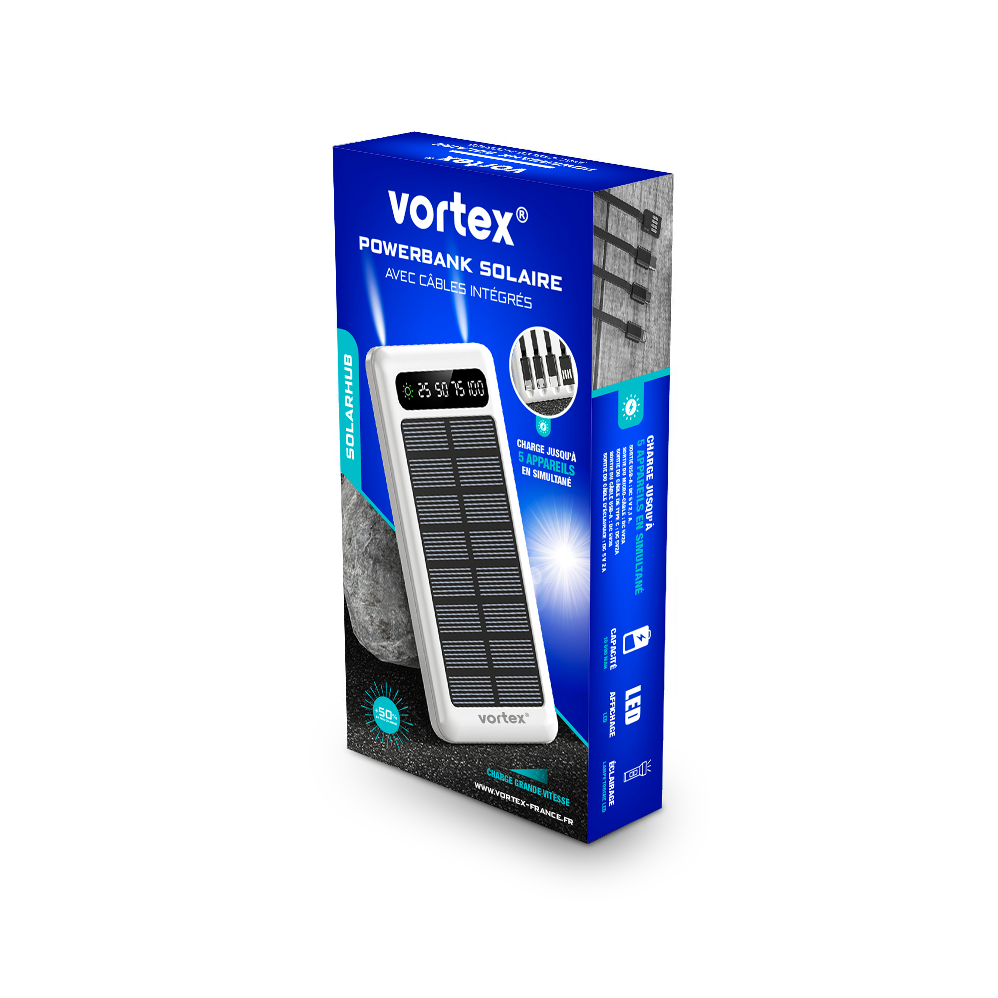 Voir la diapositive 2 : VORTEX Batterie de secours solaire 10 000 mAh - Blanc