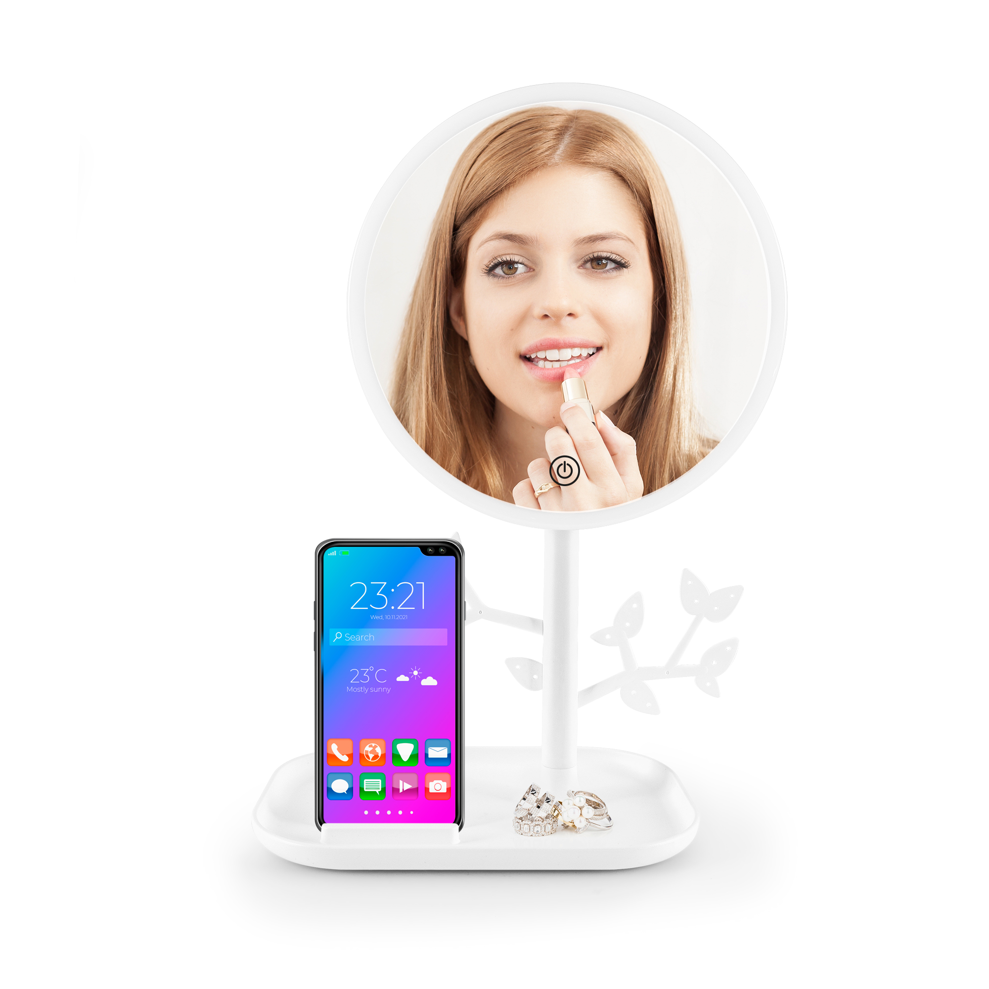 Voir la diapositive 3 : YOGHI Miroir de table LED avec porte-bijoux MIZO - Blanc
