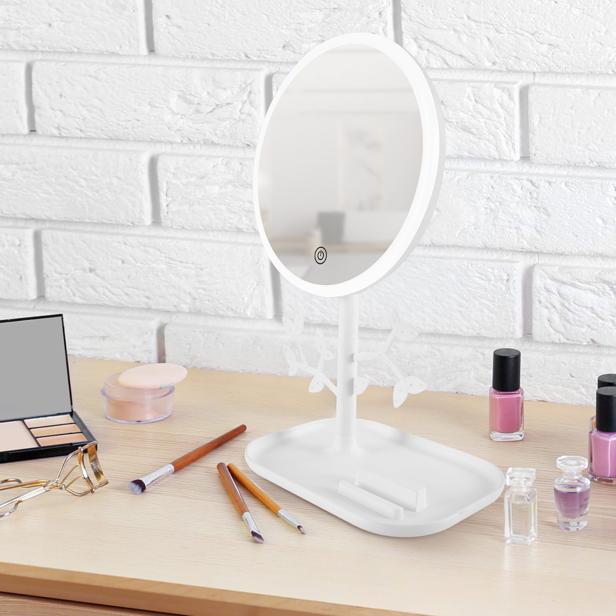 Voir la diapositive 4 : YOGHI Miroir de table LED avec porte-bijoux MIZO - Blanc