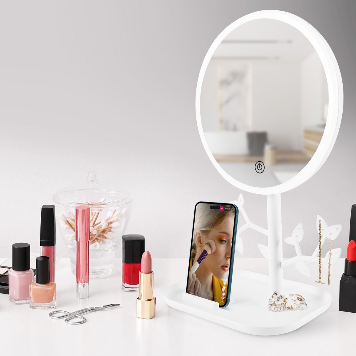 YOGHI Miroir de table LED avec porte-bijoux MIZO - Blanc