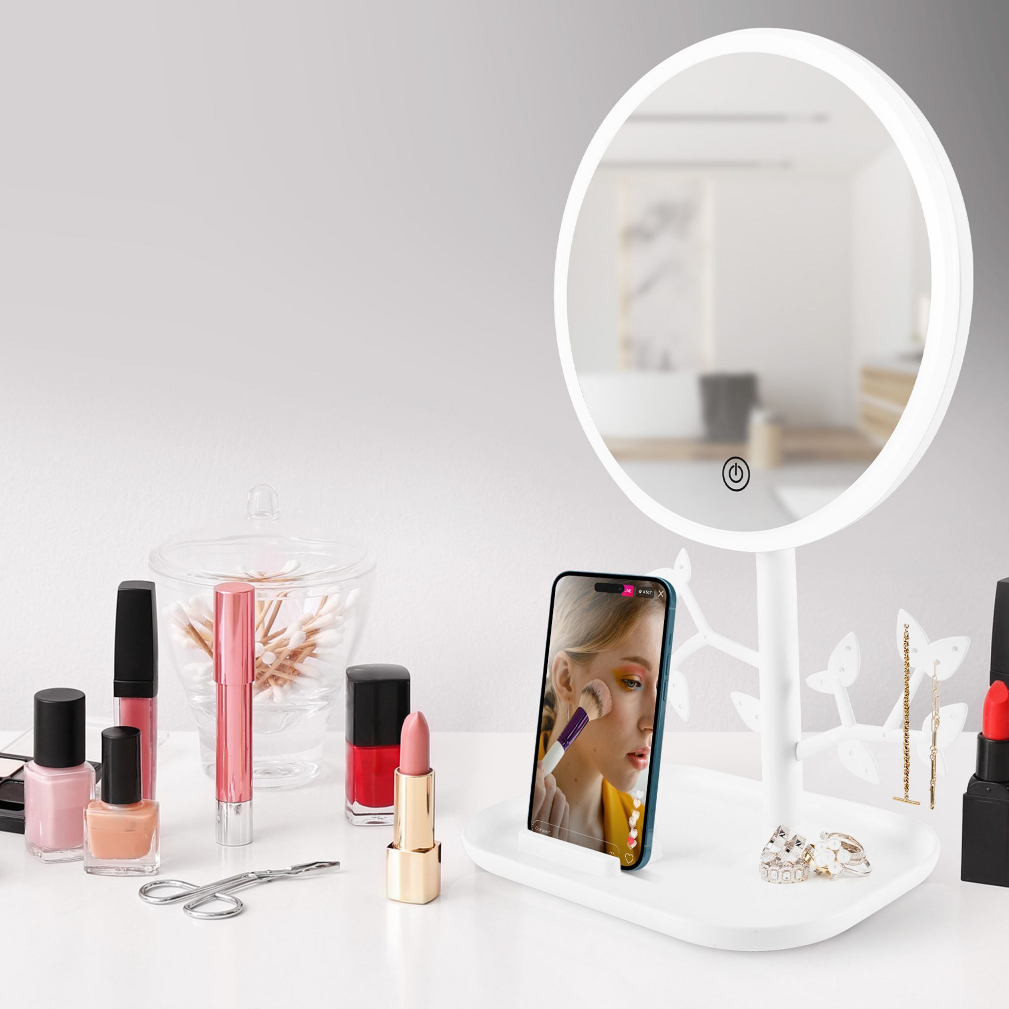 Voir la diapositive 9 : YOGHI Miroir de table LED avec porte-bijoux MIZO - Blanc