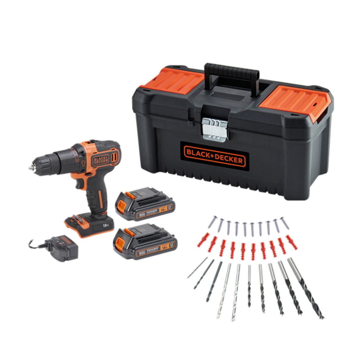 BLACK ET DECKER Perceuse à percussion 18 V + 2 batteries + 1 chargeur + 1 mallette de 10 accessoires