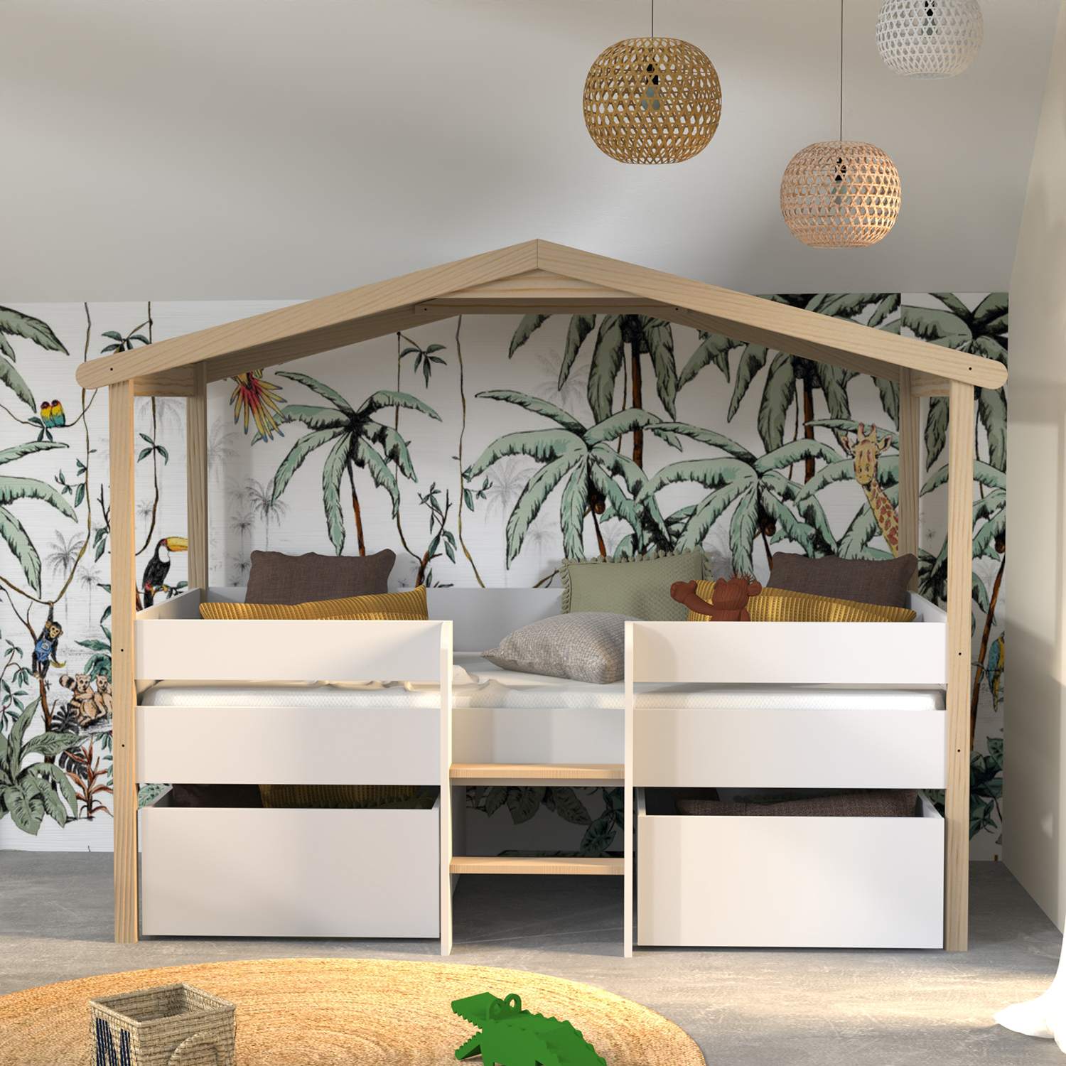 Voir la diapositive 2 : Lit cabane enfant 90 x 200 cm avec sommier, échelle et 2 tiroirs TOTEM