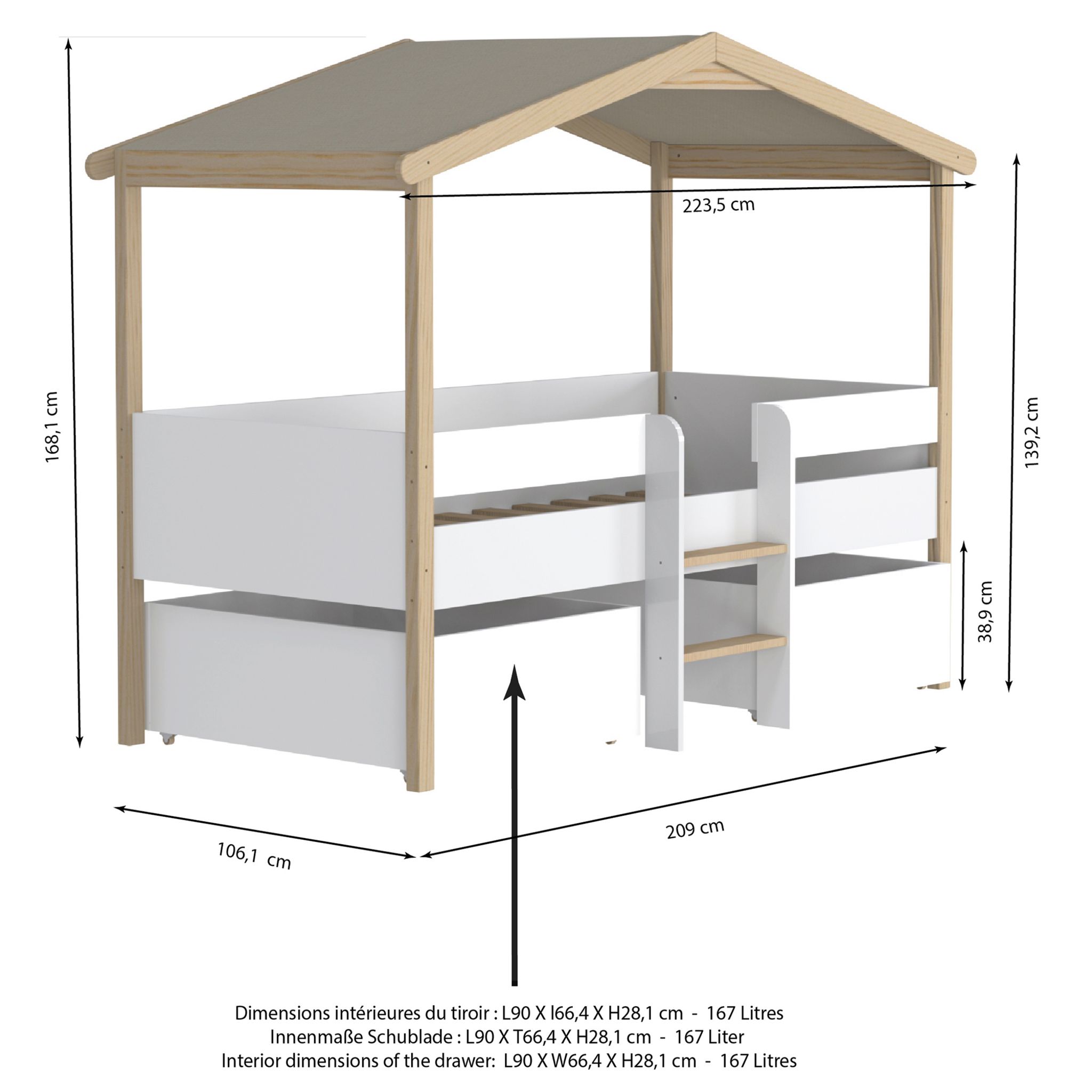 Voir la diapositive 3 : Lit cabane enfant 90 x 200 cm avec sommier, échelle et 2 tiroirs TOTEM
