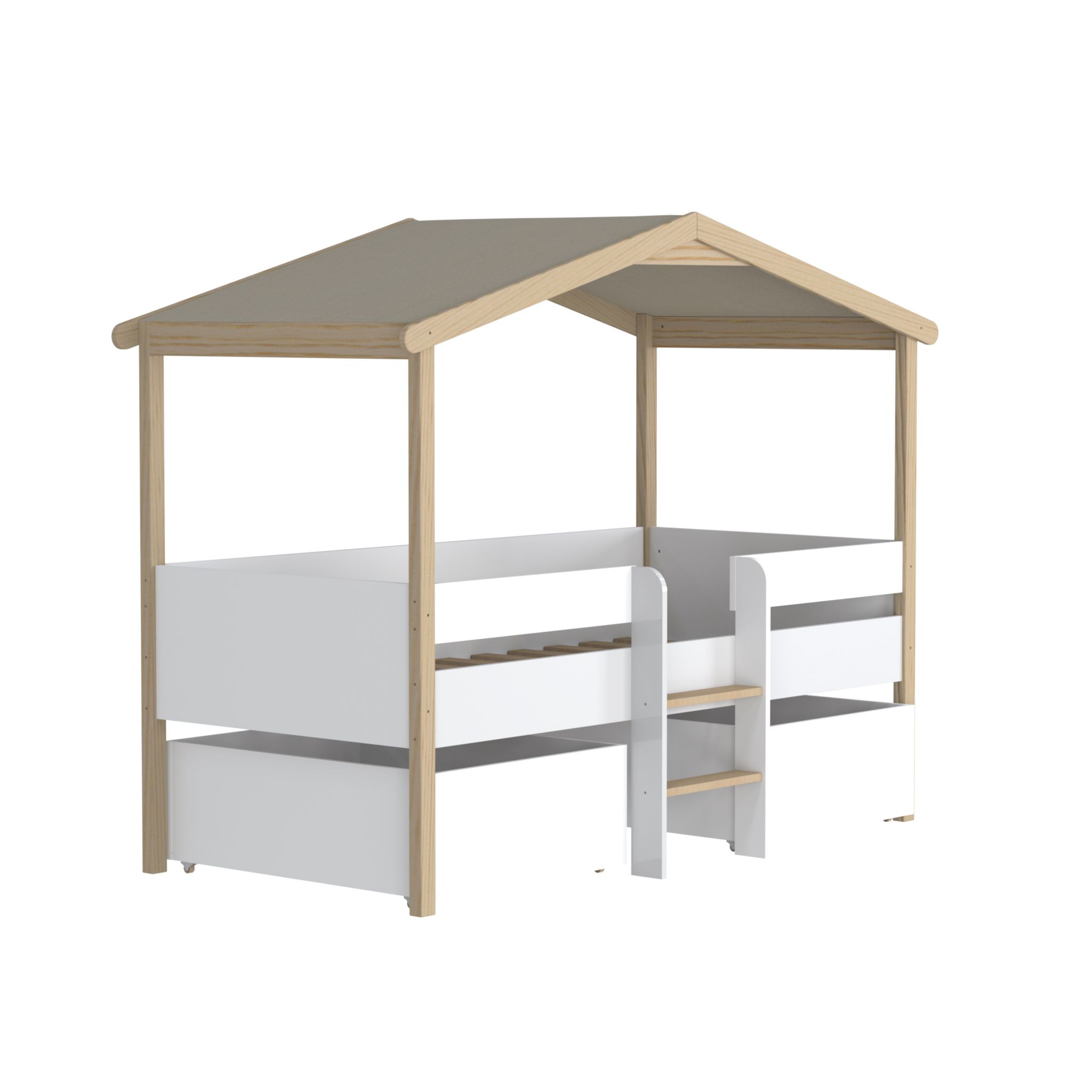 Voir la diapositive 6 : Lit cabane enfant 90 x 200 cm avec sommier, échelle et 2 tiroirs TOTEM