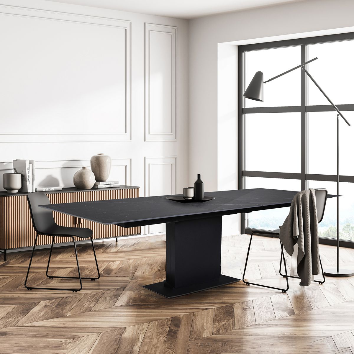 Table de séjour salle à manger extensible céramique effet marbre noir L160/200 cm GIULIA