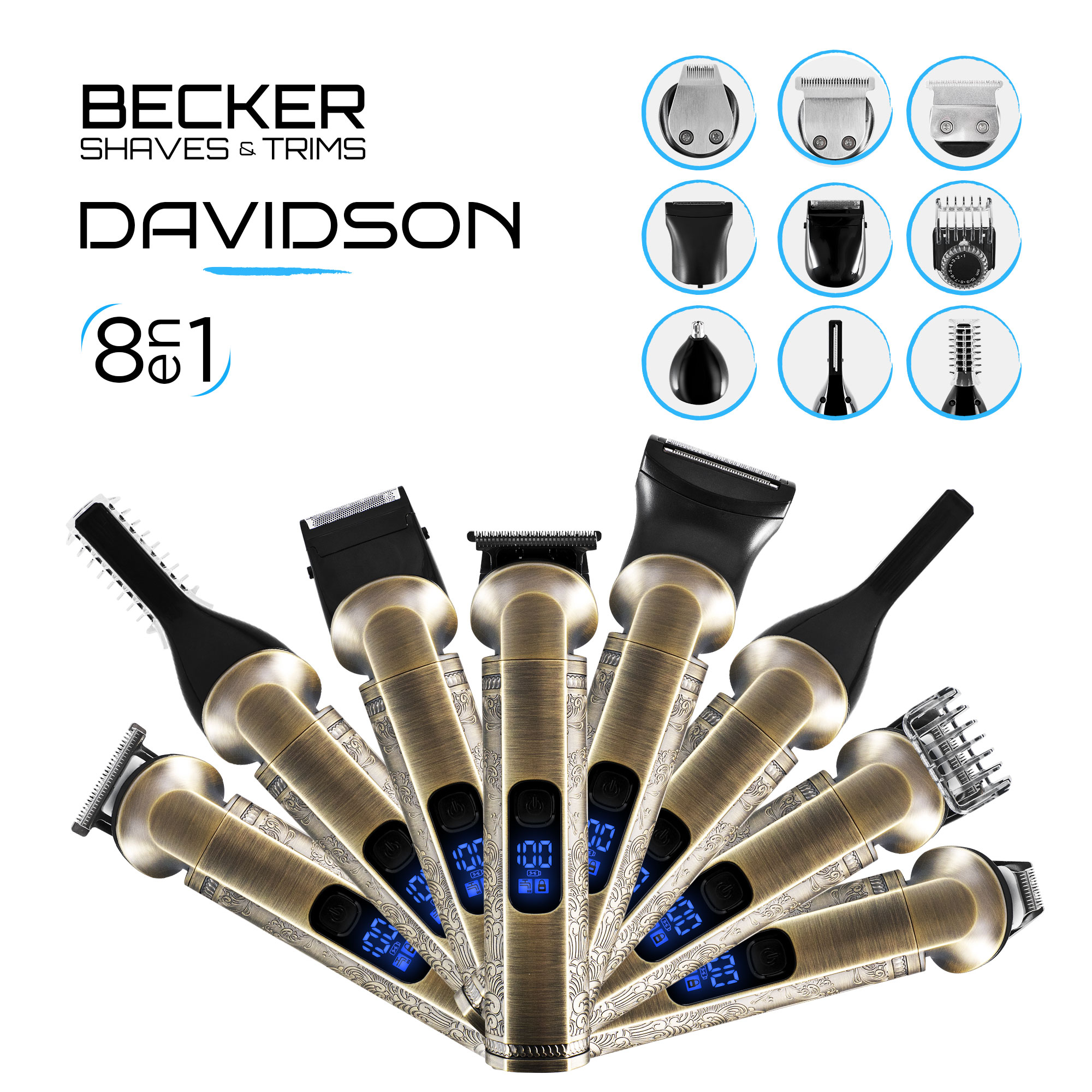 Voir la diapositive 7 : BECKER SHAVES & TRIMS Tondeuse multifonction 8 en 1 DAVIDSON - Or