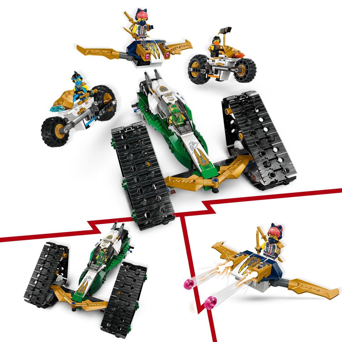 LEGO Ninjago 71820 - Le Véhicule Combiné de l'Équipe des Ninjas - Jouet 4-en-1 Pour Enfants dès 9 Ans - Planeur, Bolide Tout-terrain et 2 Motos - 6 Minifigurines