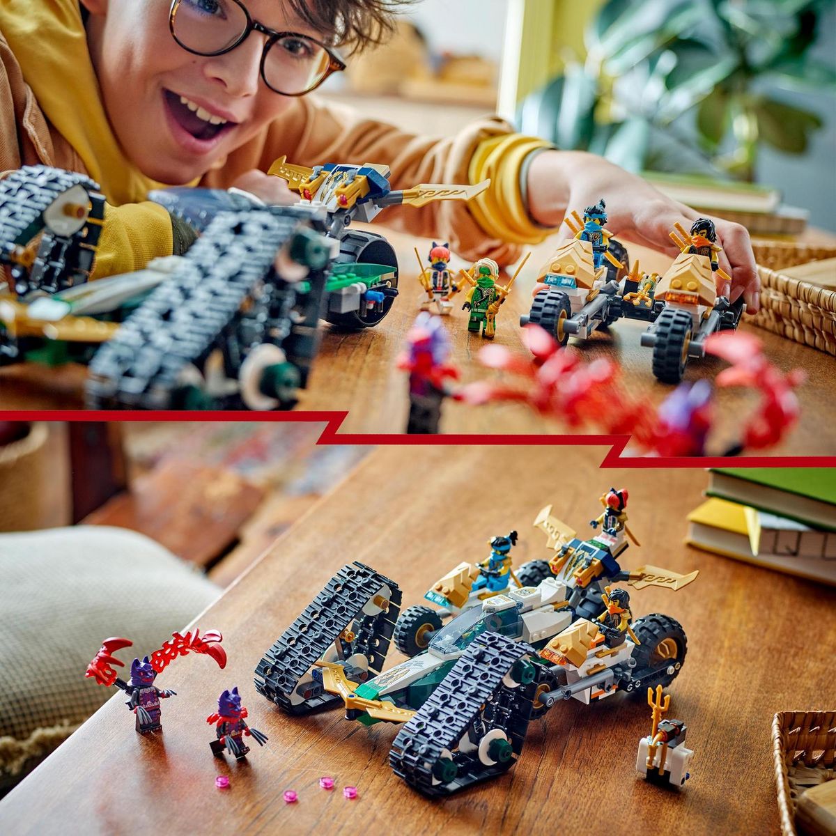 LEGO Ninjago 71820 - Le Véhicule Combiné de l'Équipe des Ninjas - Jouet 4-en-1 Pour Enfants dès 9 Ans - Planeur, Bolide Tout-terrain et 2 Motos - 6 Minifigurines