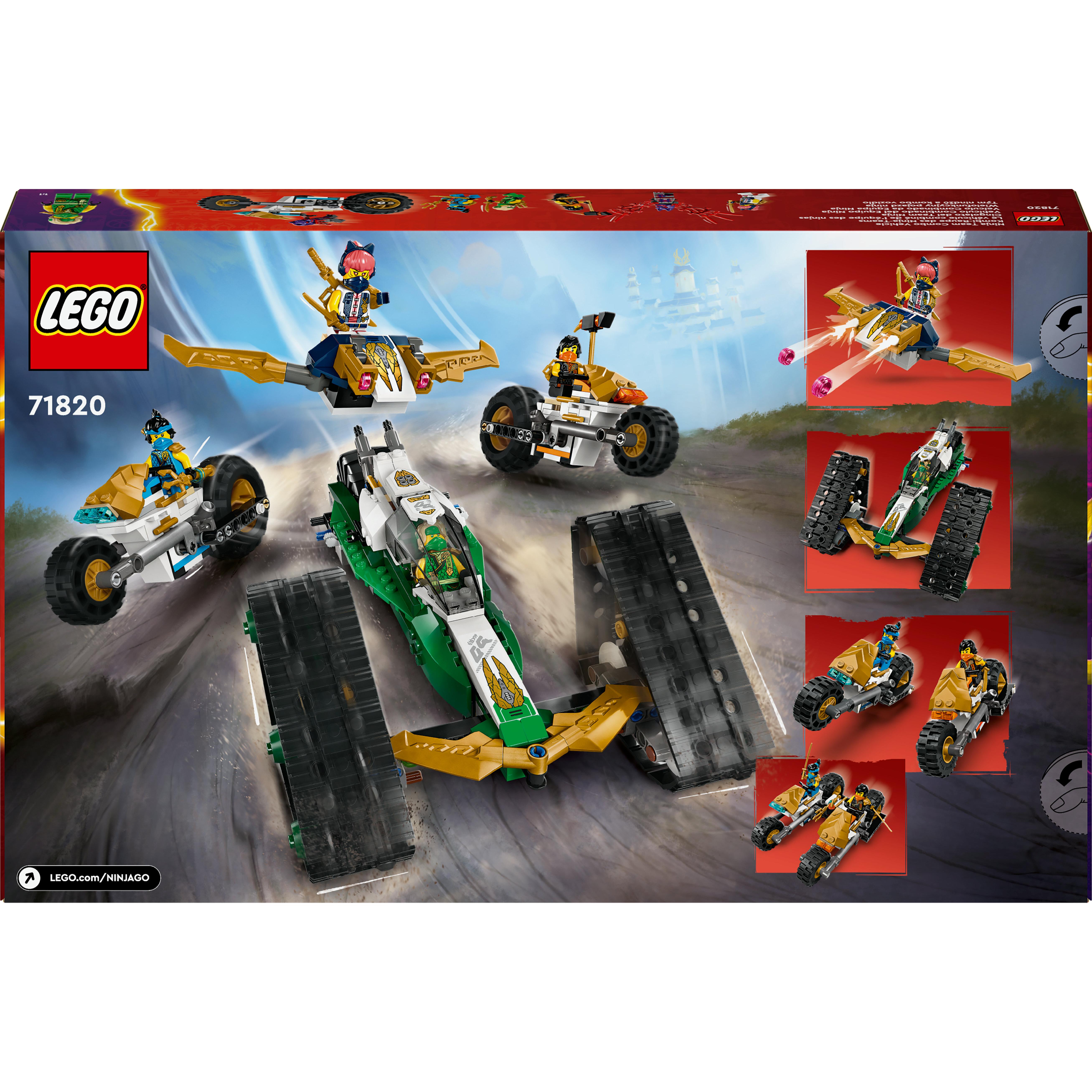 Voir la diapositive 8 : LEGO Ninjago 71820 - Le Véhicule Combiné de l'Équipe des Ninjas - Jouet 4-en-1 Pour Enfants dès 9 Ans - Planeur, Bolide Tout-terrain et 2 Motos - 6 Minifigurines