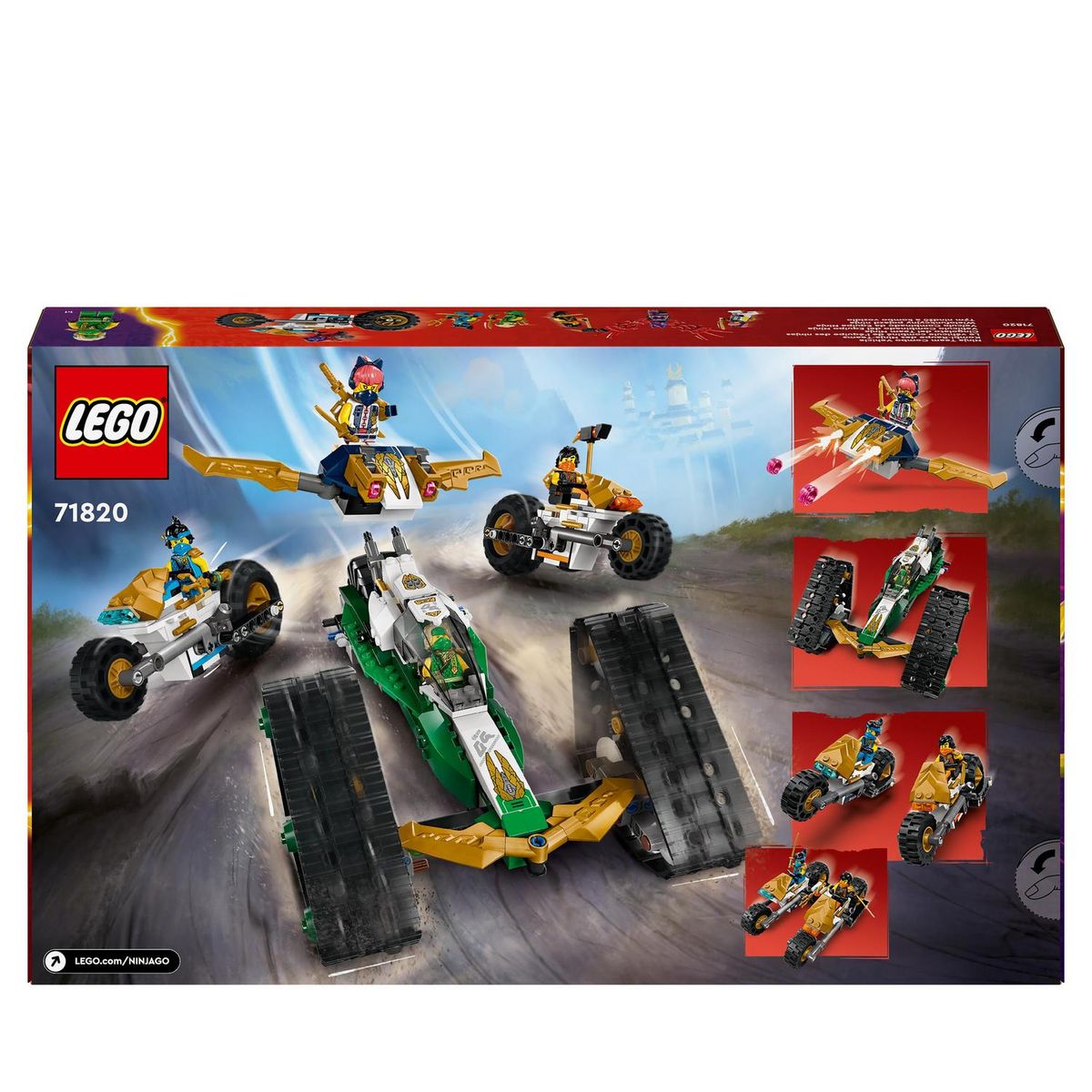 LEGO Ninjago 71820 - Le Véhicule Combiné de l'Équipe des Ninjas - Jouet 4-en-1 Pour Enfants dès 9 Ans - Planeur, Bolide Tout-terrain et 2 Motos - 6 Minifigurines