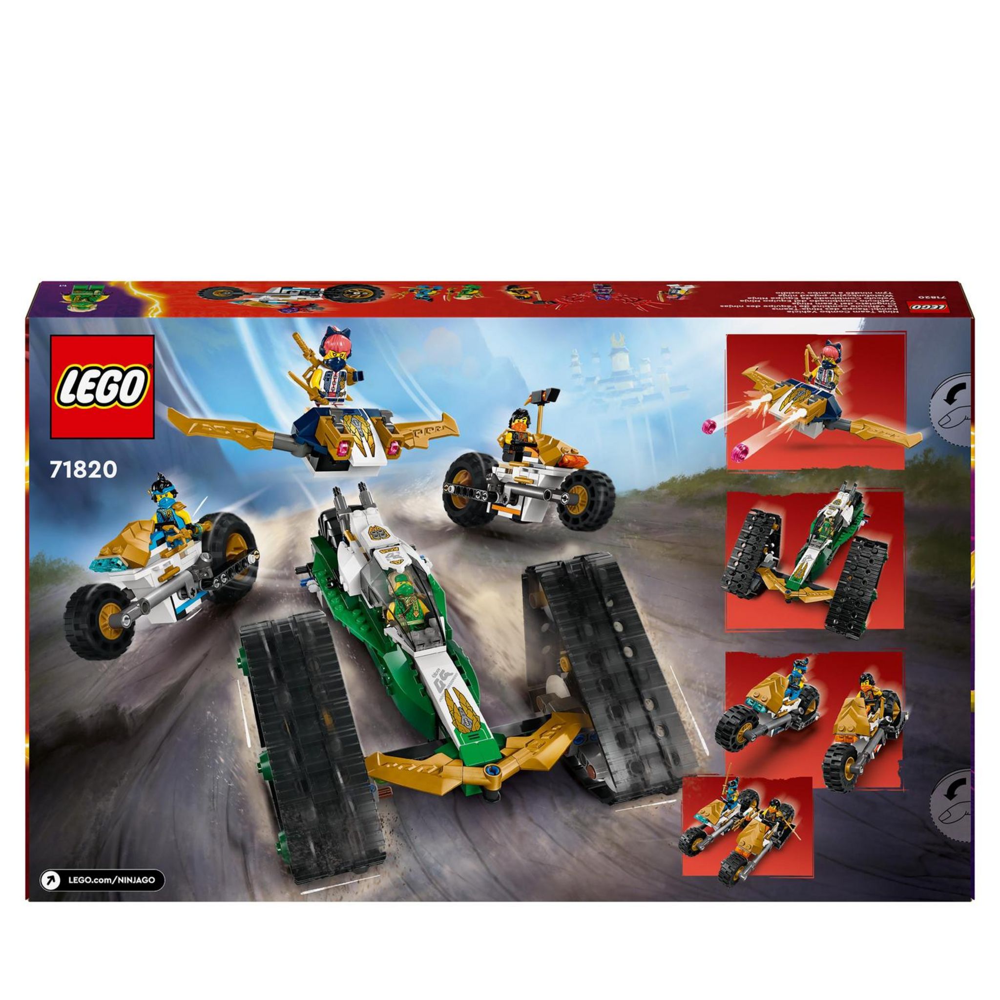 Voir la diapositive 8 : LEGO Ninjago 71820 - Le Véhicule Combiné de l'Équipe des Ninjas - Jouet 4-en-1 Pour Enfants dès 9 Ans - Planeur, Bolide Tout-terrain et 2 Motos - 6 Minifigurines
