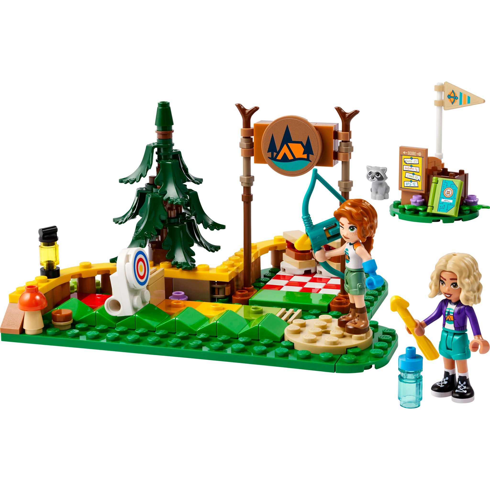 Voir la diapositive 2 : LEGO Friends 42622 - Le Stand de Tir à l'Arc de la Base de Loisirs - Set de Construction Pour Enfants - Inclut un Arc des Flèches 2 Mini-poupées et un Raton Laveur