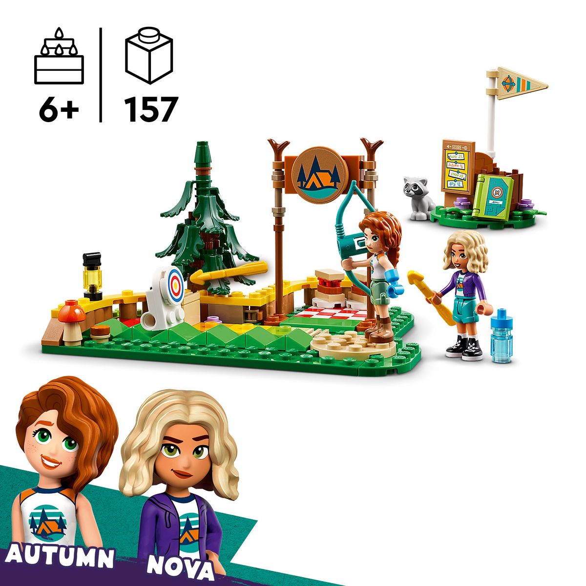 LEGO Friends 42622 - Le Stand de Tir à l'Arc de la Base de Loisirs - Set de Construction Pour Enfants - Inclut un Arc des Flèches 2 Mini-poupées et un Raton Laveur