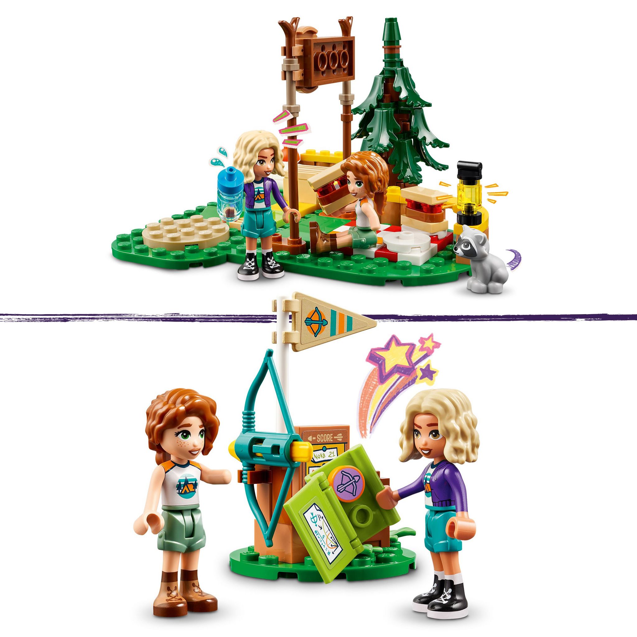 Voir la diapositive 5 : LEGO Friends 42622 - Le Stand de Tir à l'Arc de la Base de Loisirs - Set de Construction Pour Enfants - Inclut un Arc des Flèches 2 Mini-poupées et un Raton Laveur