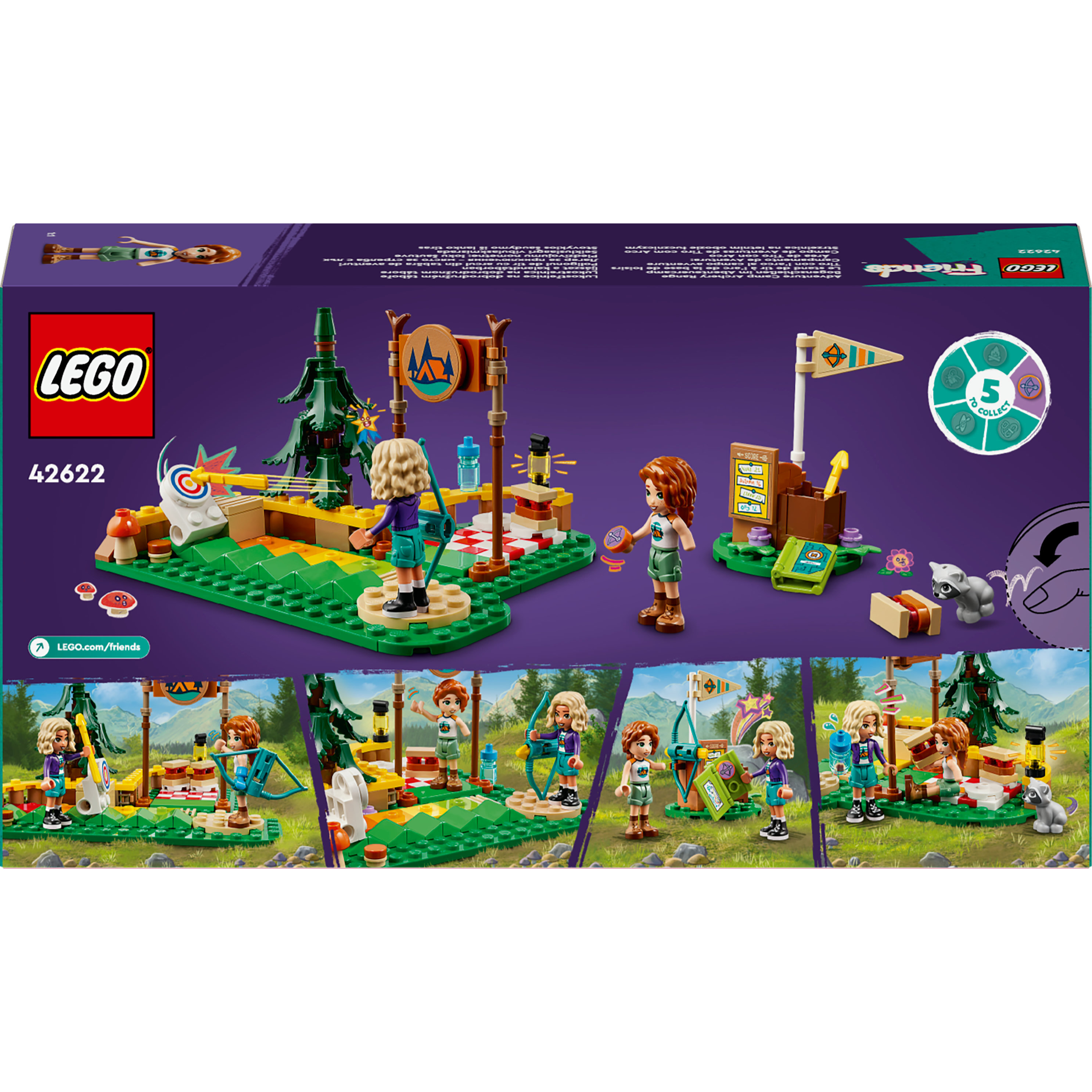 Voir la diapositive 7 : LEGO Friends 42622 - Le Stand de Tir à l'Arc de la Base de Loisirs - Set de Construction Pour Enfants - Inclut un Arc des Flèches 2 Mini-poupées et un Raton Laveur