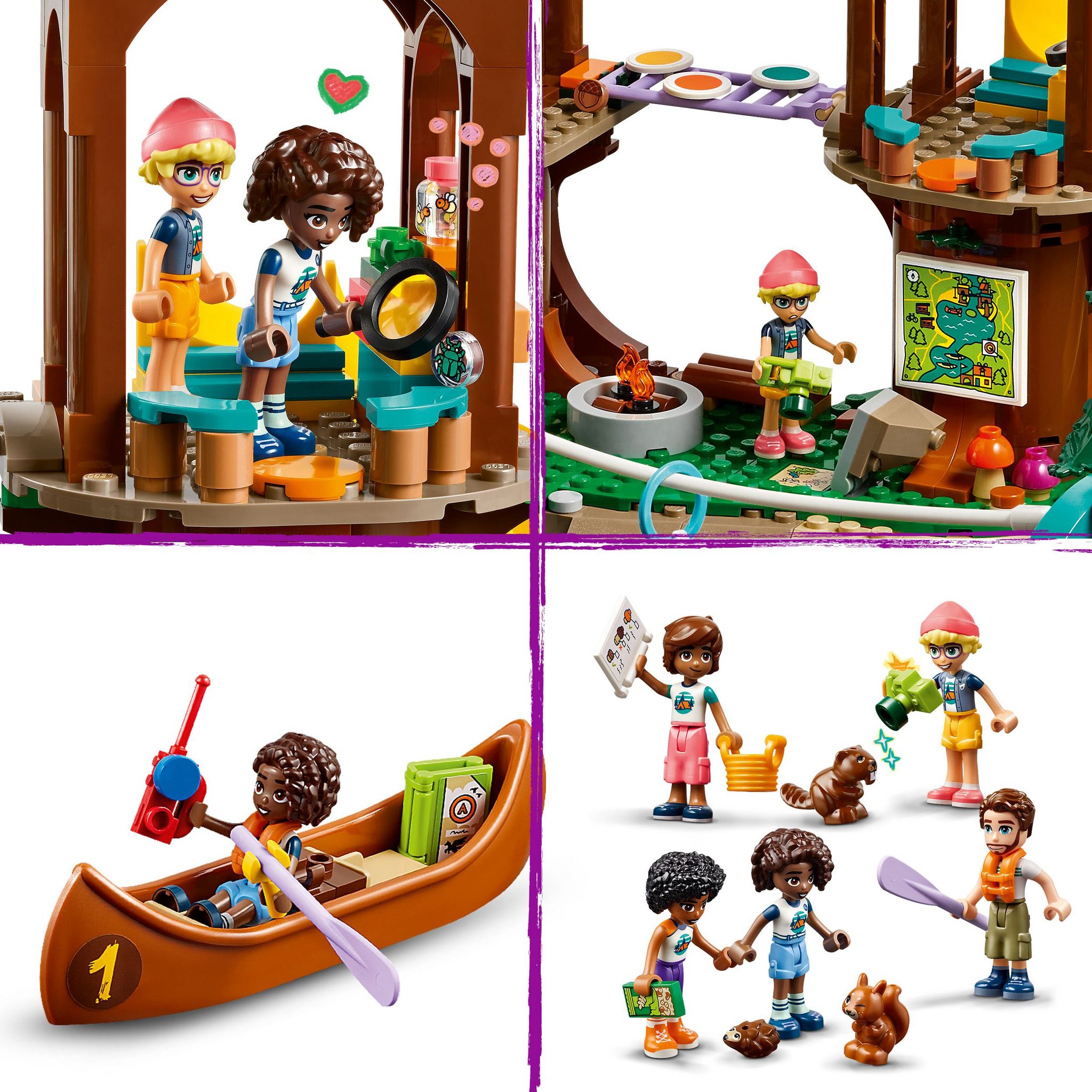Voir la diapositive 6 : LEGO Friends 42631 -  La Cabane Dans l'Arbre de la Base de Loisirs - Set de Plein Air à Construire - 5 Mini-poupées et 5 Animaux