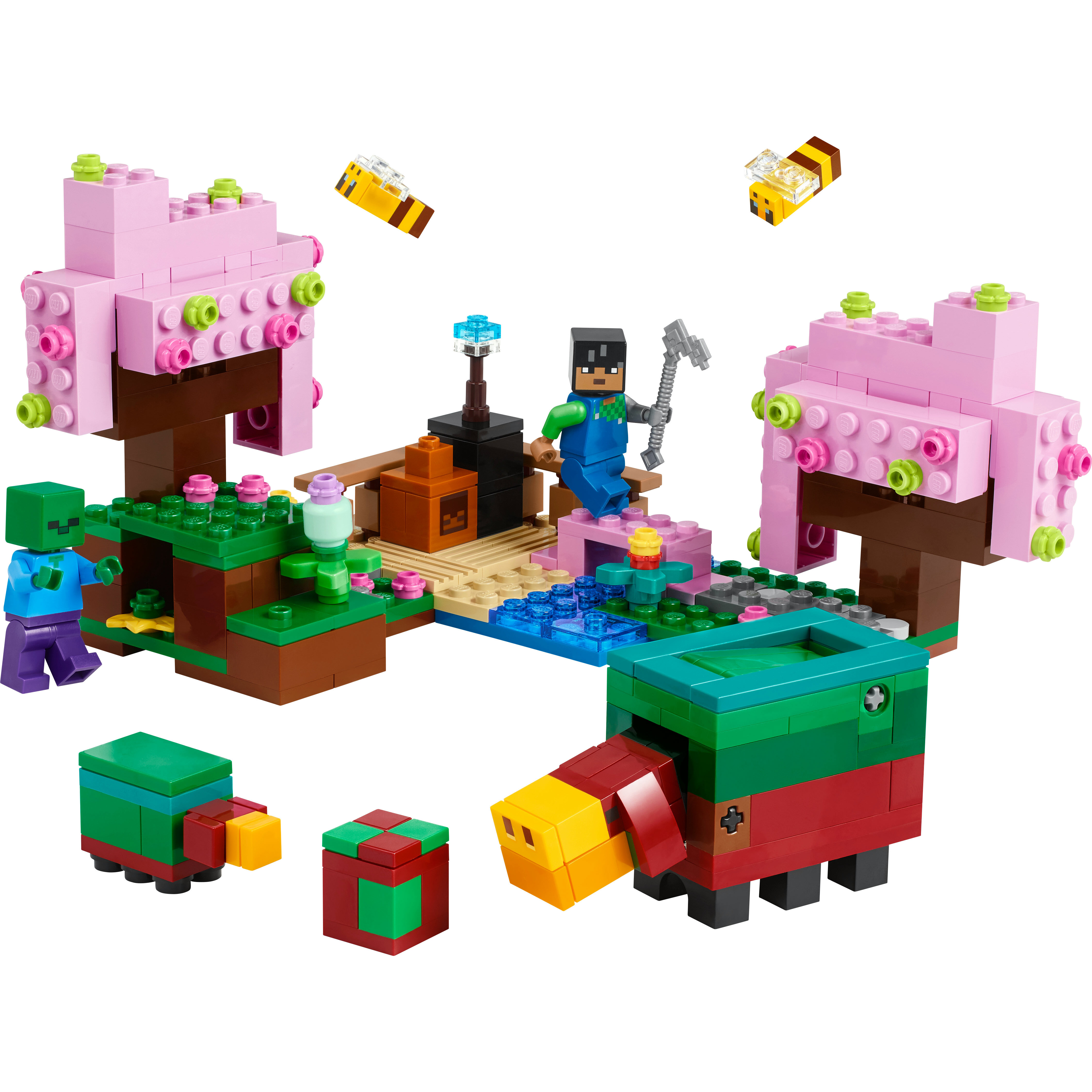 Voir la diapositive 2 : LEGO Minecraft 21260 - Le Jardin des Cerisiers en Fleurs - Minifigurines des Personnages du Jeu Vidéo Sunny, un Renifleur, un Zombie et des Abeilles