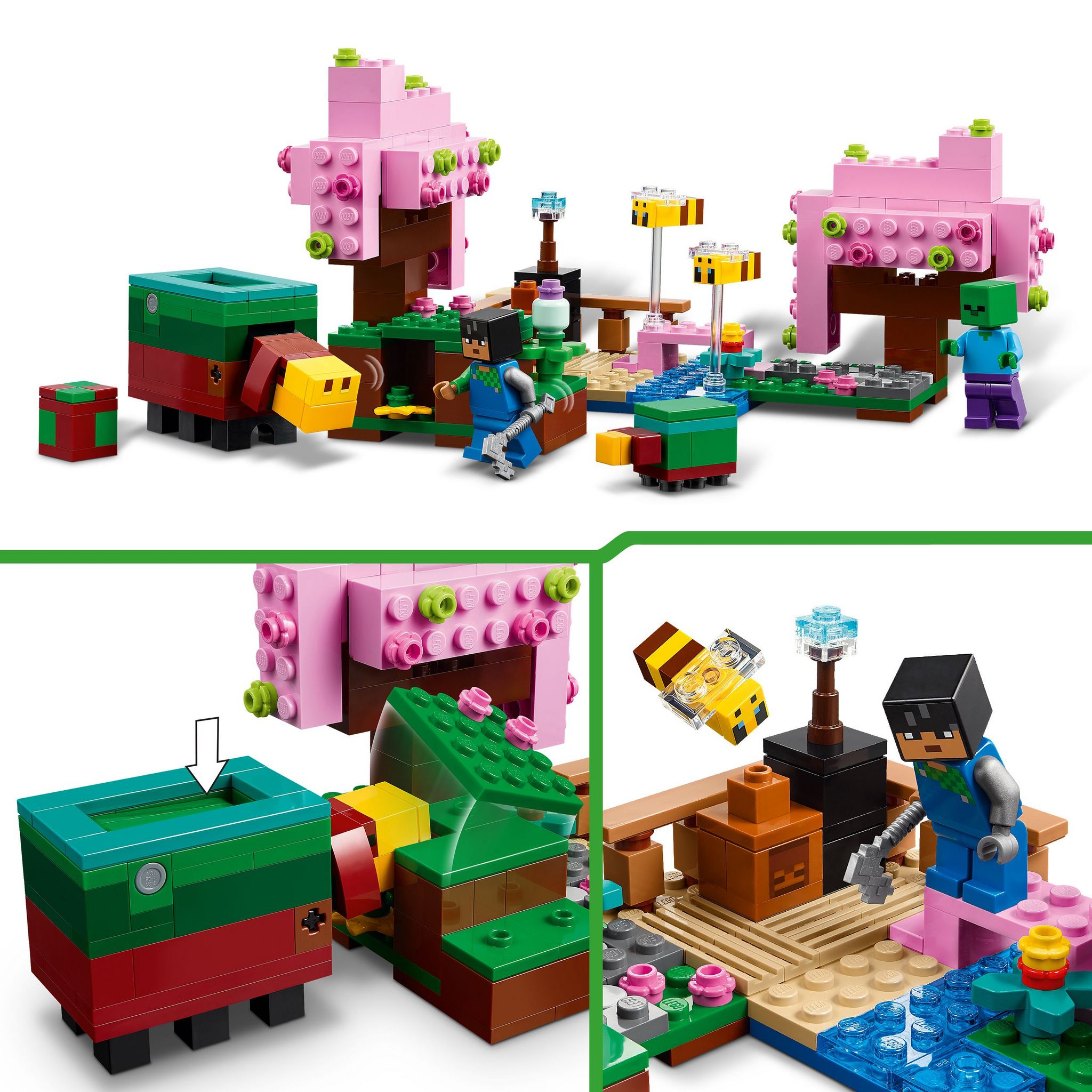 Voir la diapositive 4 : LEGO Minecraft 21260 - Le Jardin des Cerisiers en Fleurs - Minifigurines des Personnages du Jeu Vidéo Sunny, un Renifleur, un Zombie et des Abeilles