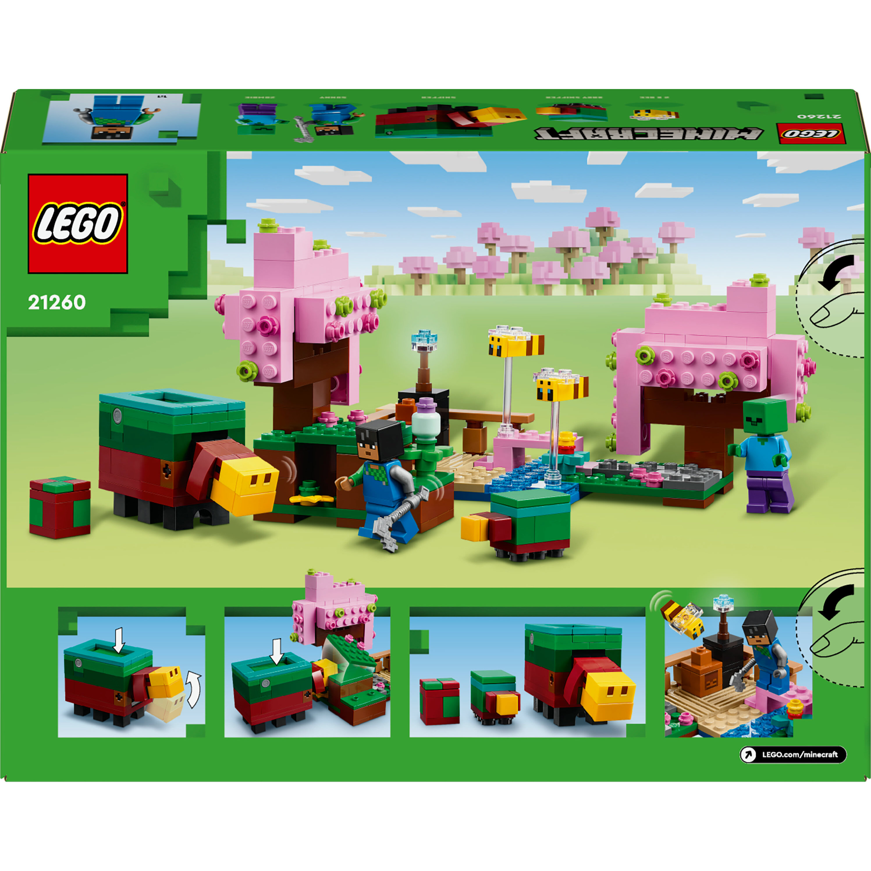 Voir la diapositive 8 : LEGO Minecraft 21260 - Le Jardin des Cerisiers en Fleurs - Minifigurines des Personnages du Jeu Vidéo Sunny, un Renifleur, un Zombie et des Abeilles