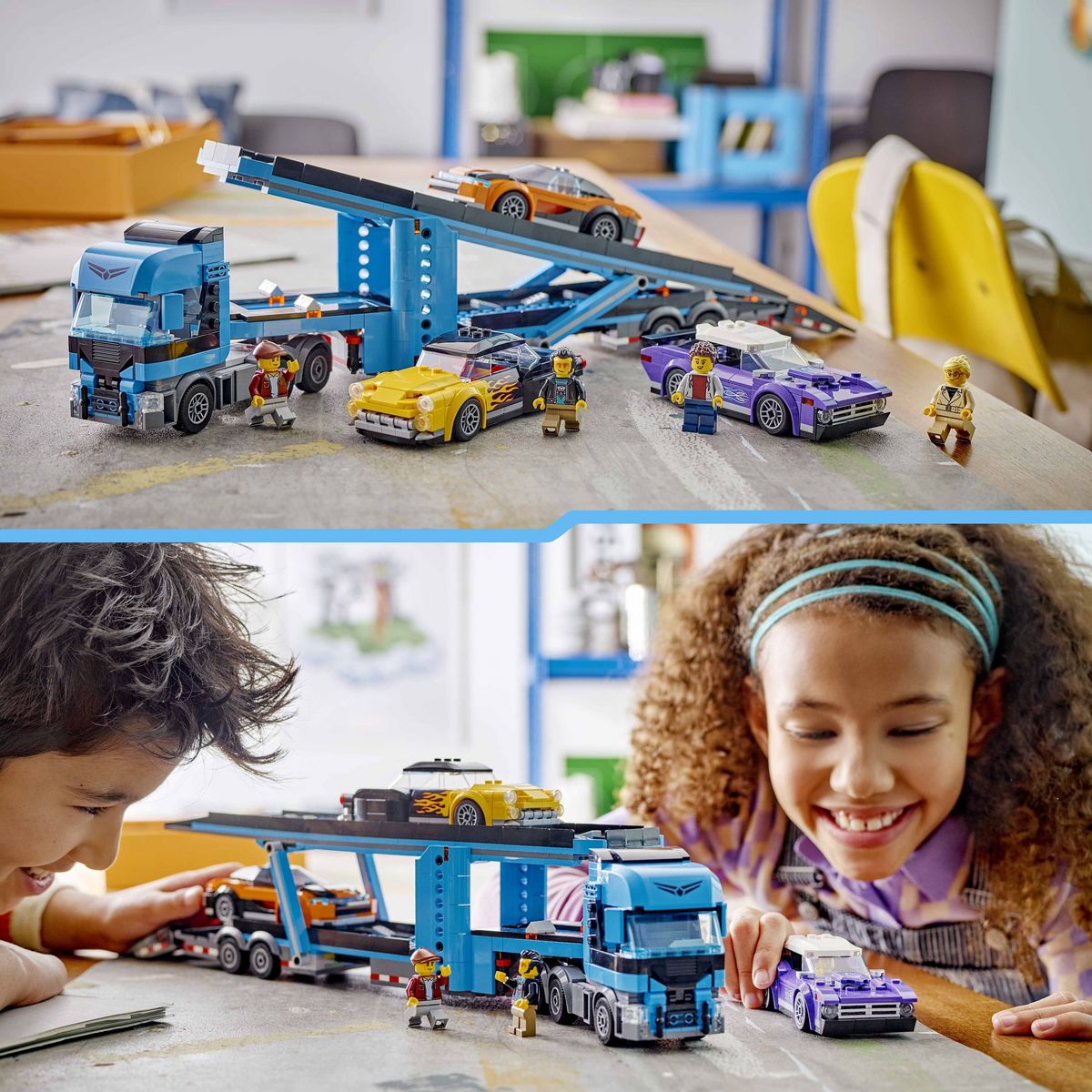 LEGO City 60408 - Le Camion de Transport de Voitures de Sport - Set de 4 Véhicules Pour Enfants dès 7 Ans - Cadeau de Fête ou d'Anniversaire pour Garçons et Filles - 4 Minifigurines pour le Jeu de Rôle